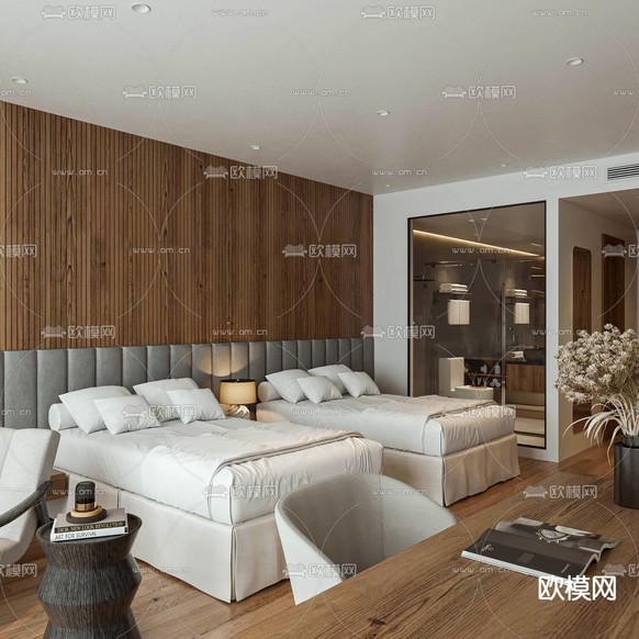 现代酒店 双床房3d模型下载