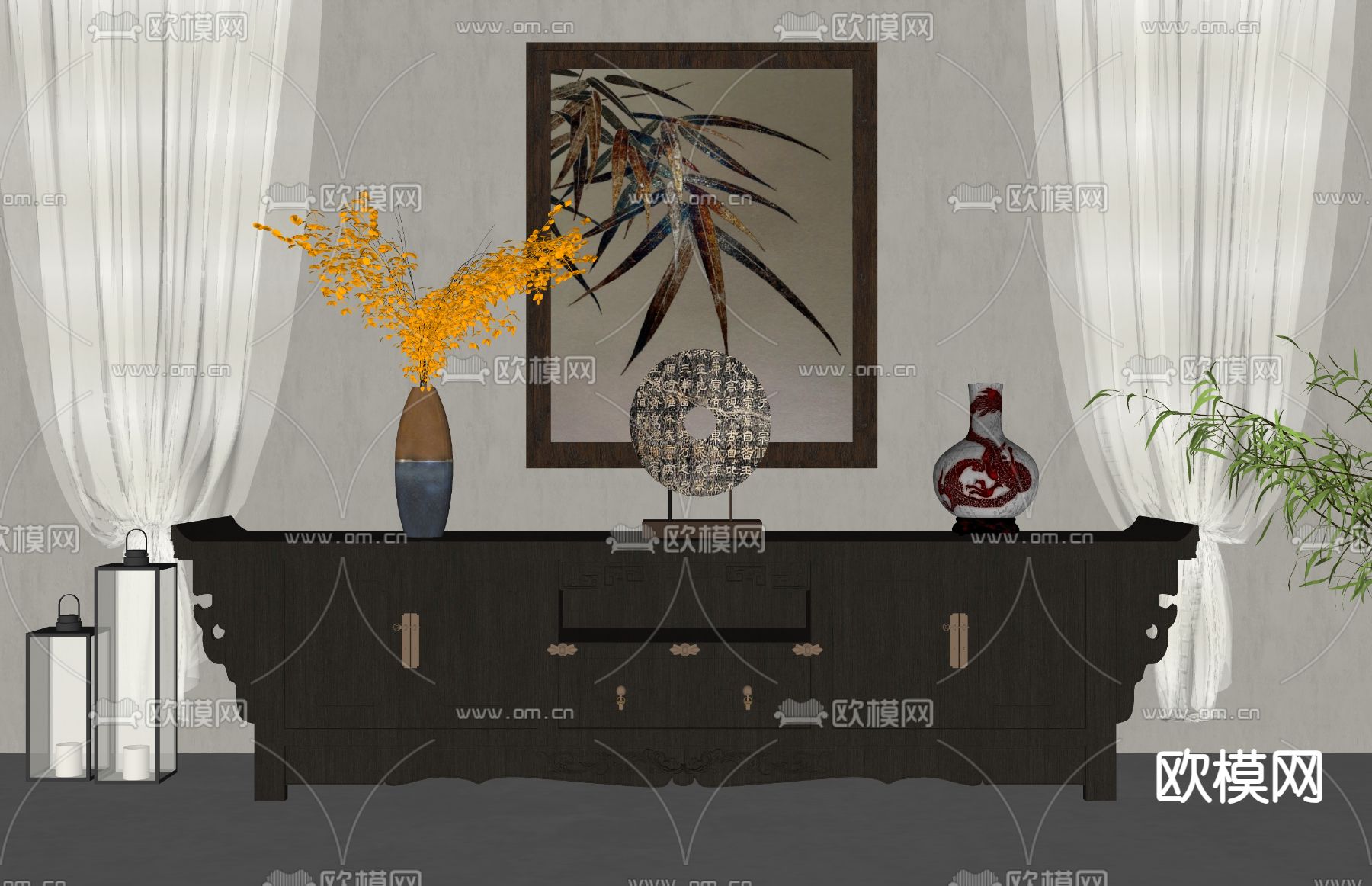 中式电视柜su模型下载（渲染图2）