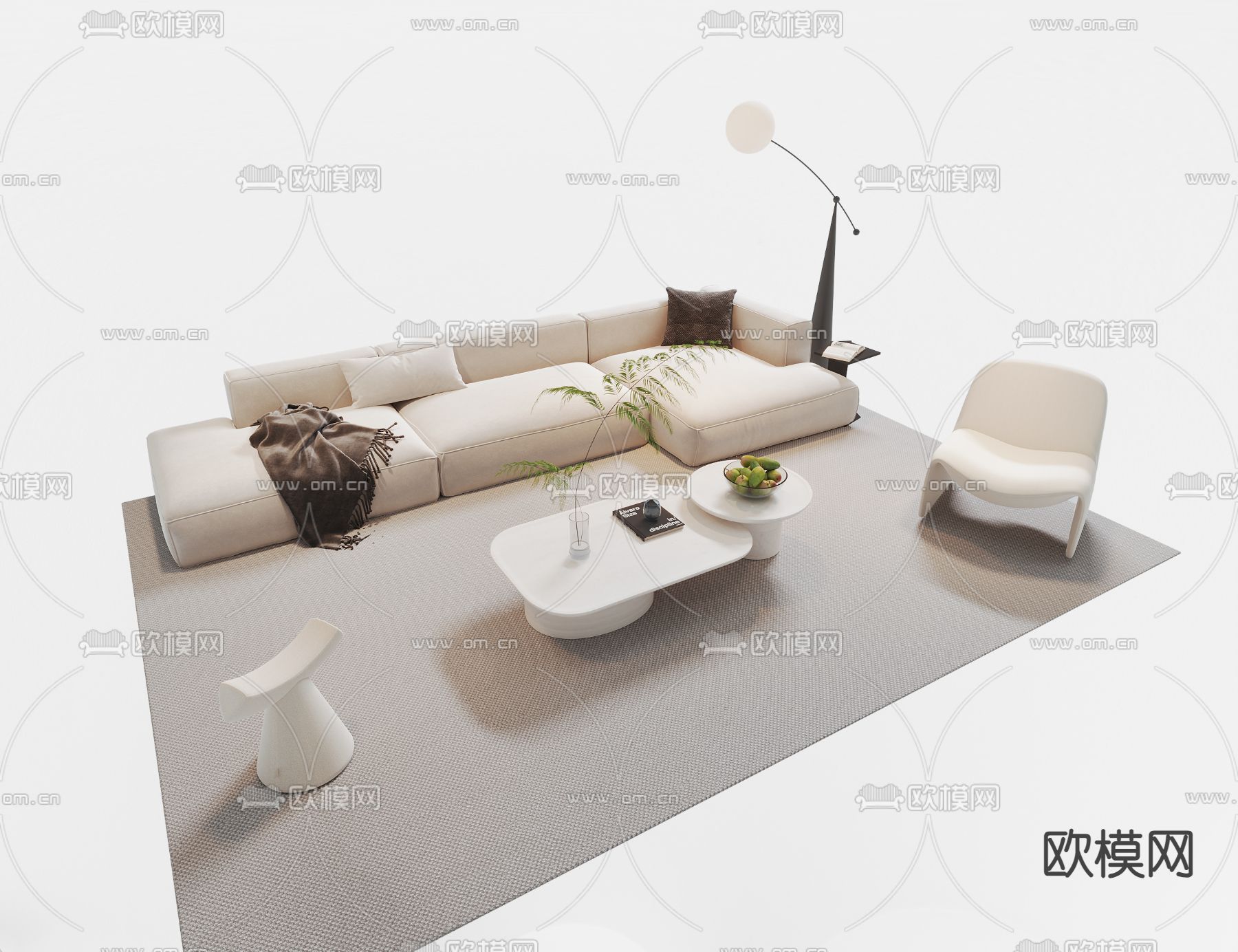 奶油风组合沙发 拐角沙发3d模型下载
