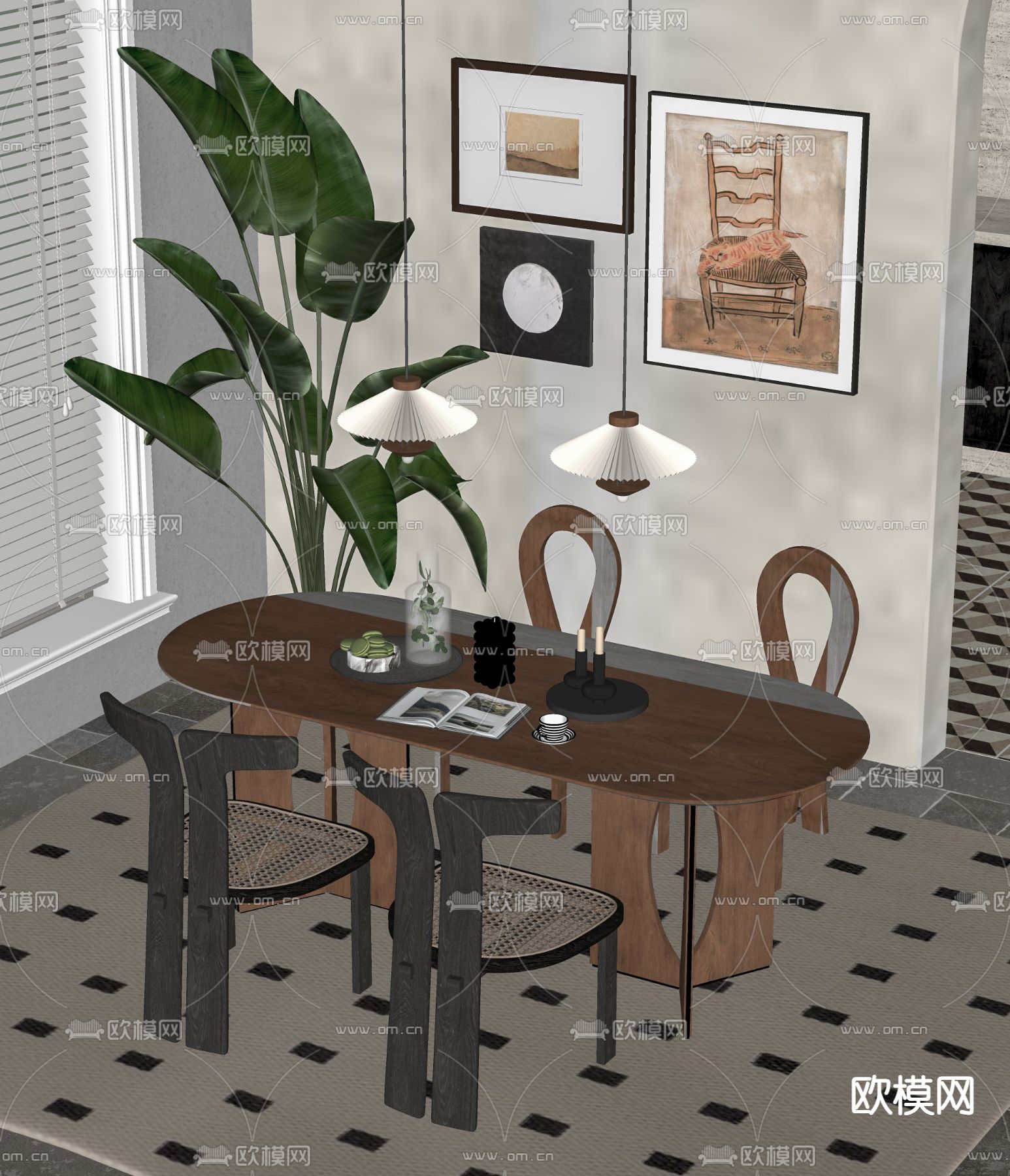 中古风餐桌椅su模型下载（渲染图2）