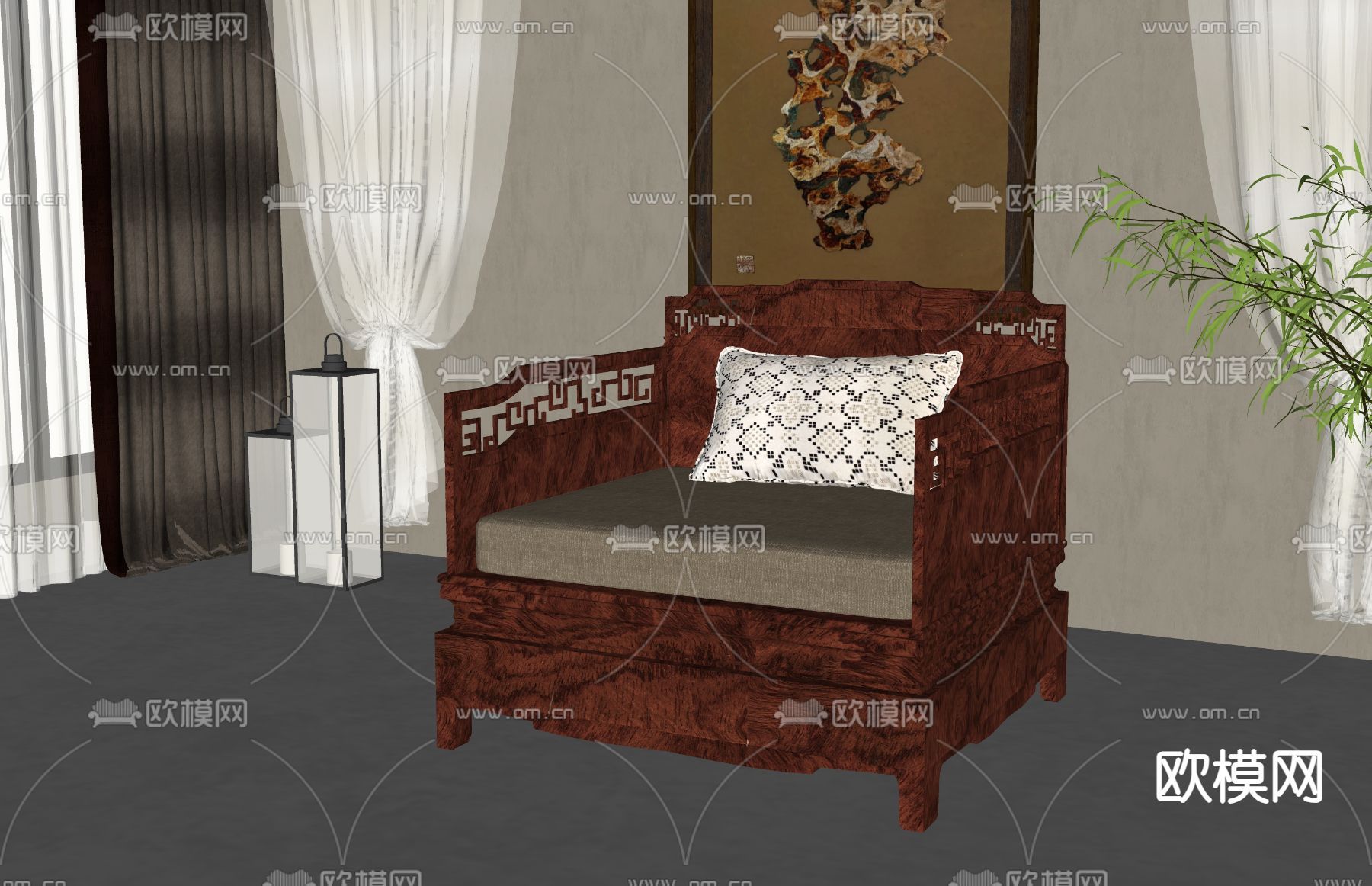 新中式单人沙发su模型下载（渲染图2）