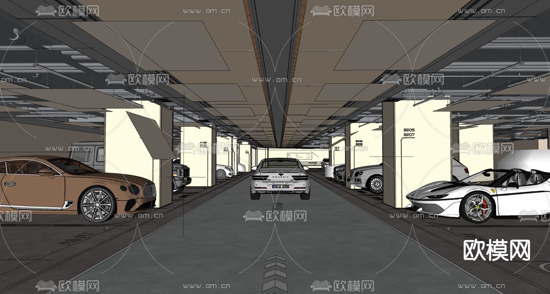 现代停车场 地下车库su模型下载（渲染图6）