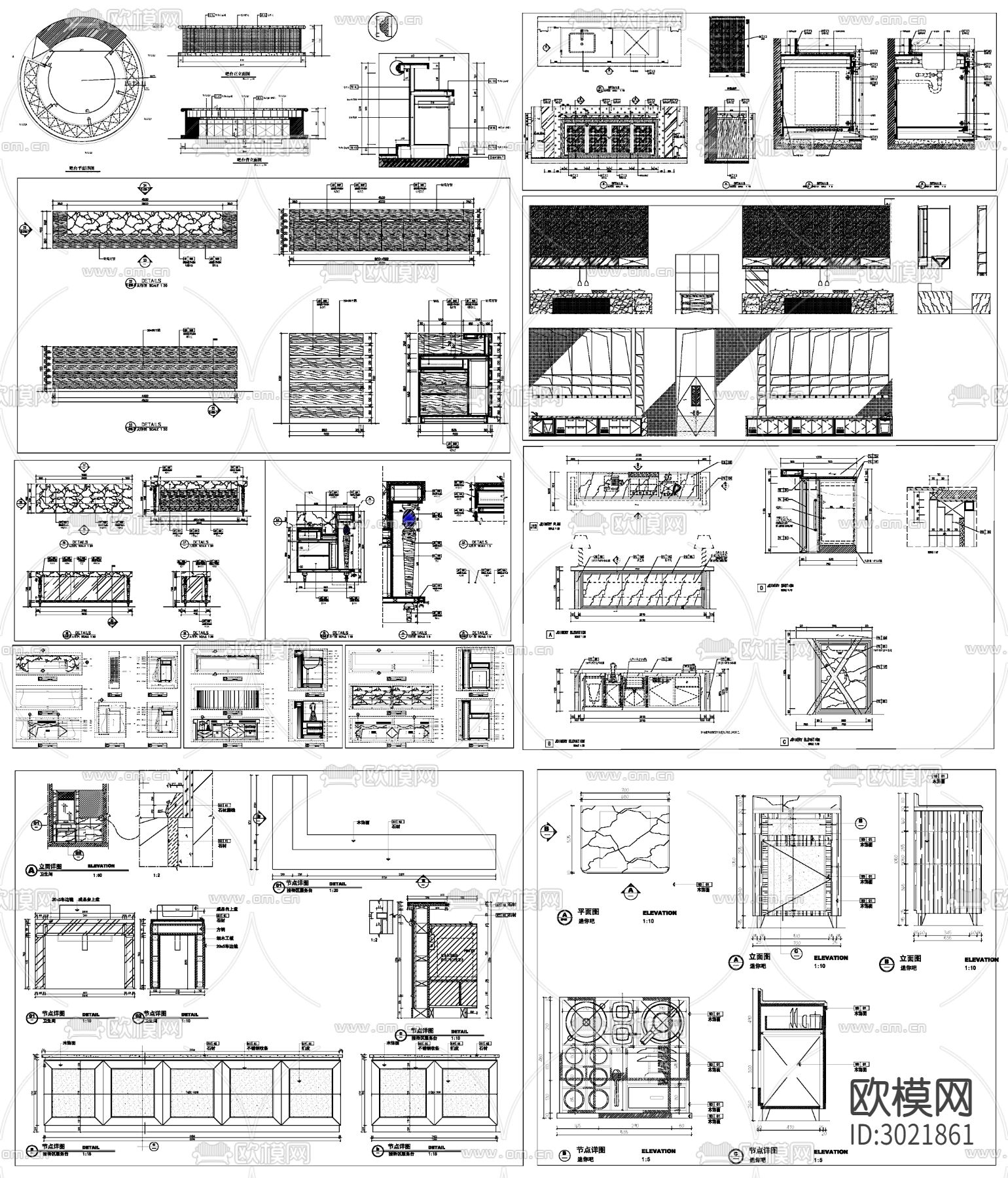 吧台柜台餐台柜子设计详图剖面大样图设计cad图库下载（渲染图1）
