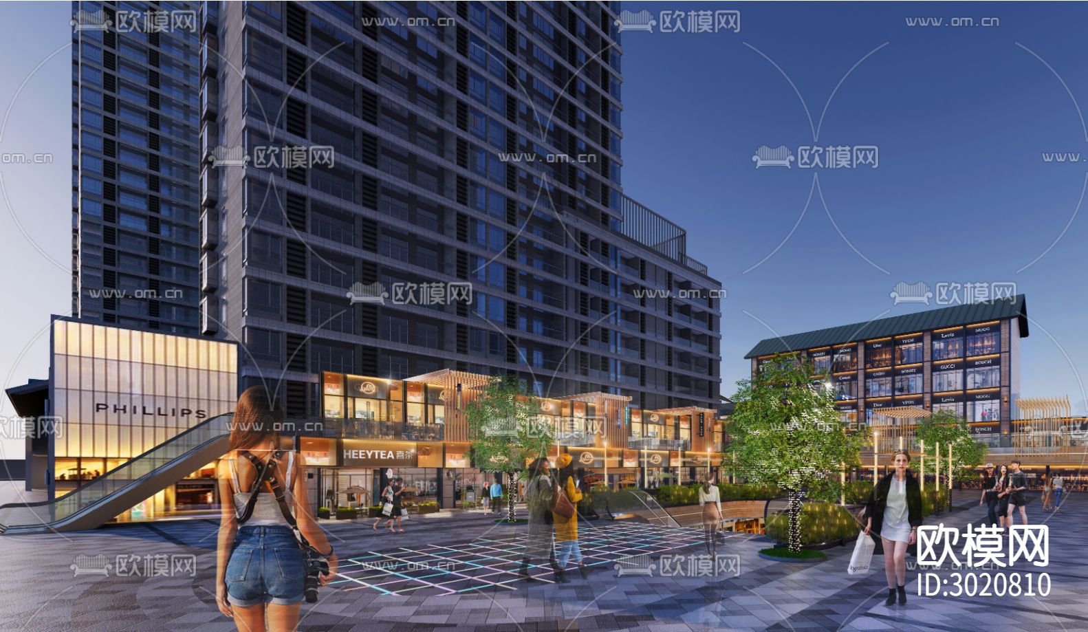 户外广场商业街区cad施工图下载（渲染图2）