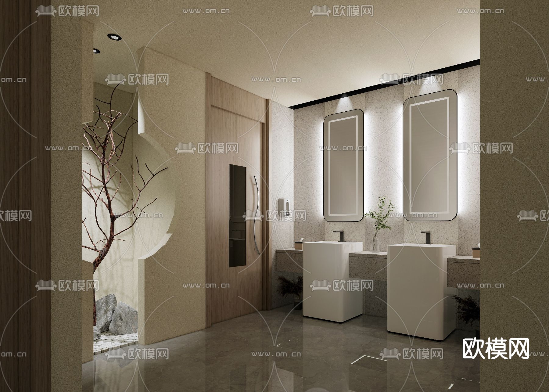 侘寂风 公共厕所 洗手台su模型下载（渲染图1）