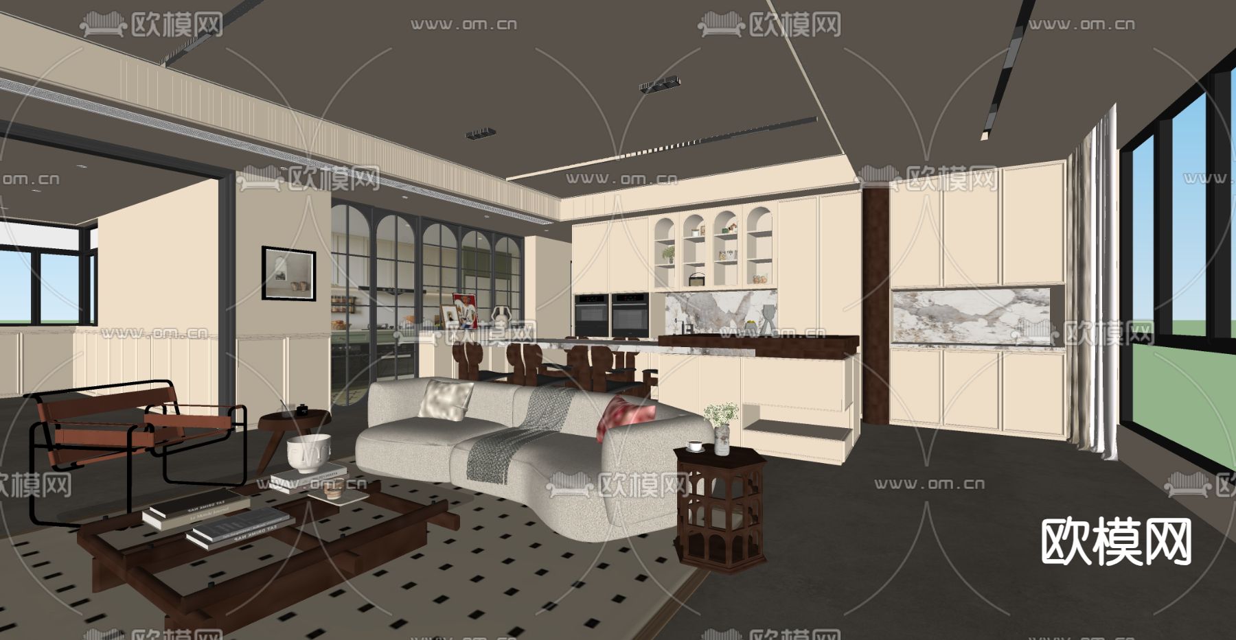 法式客厅 餐厅su模型下载（渲染图2）