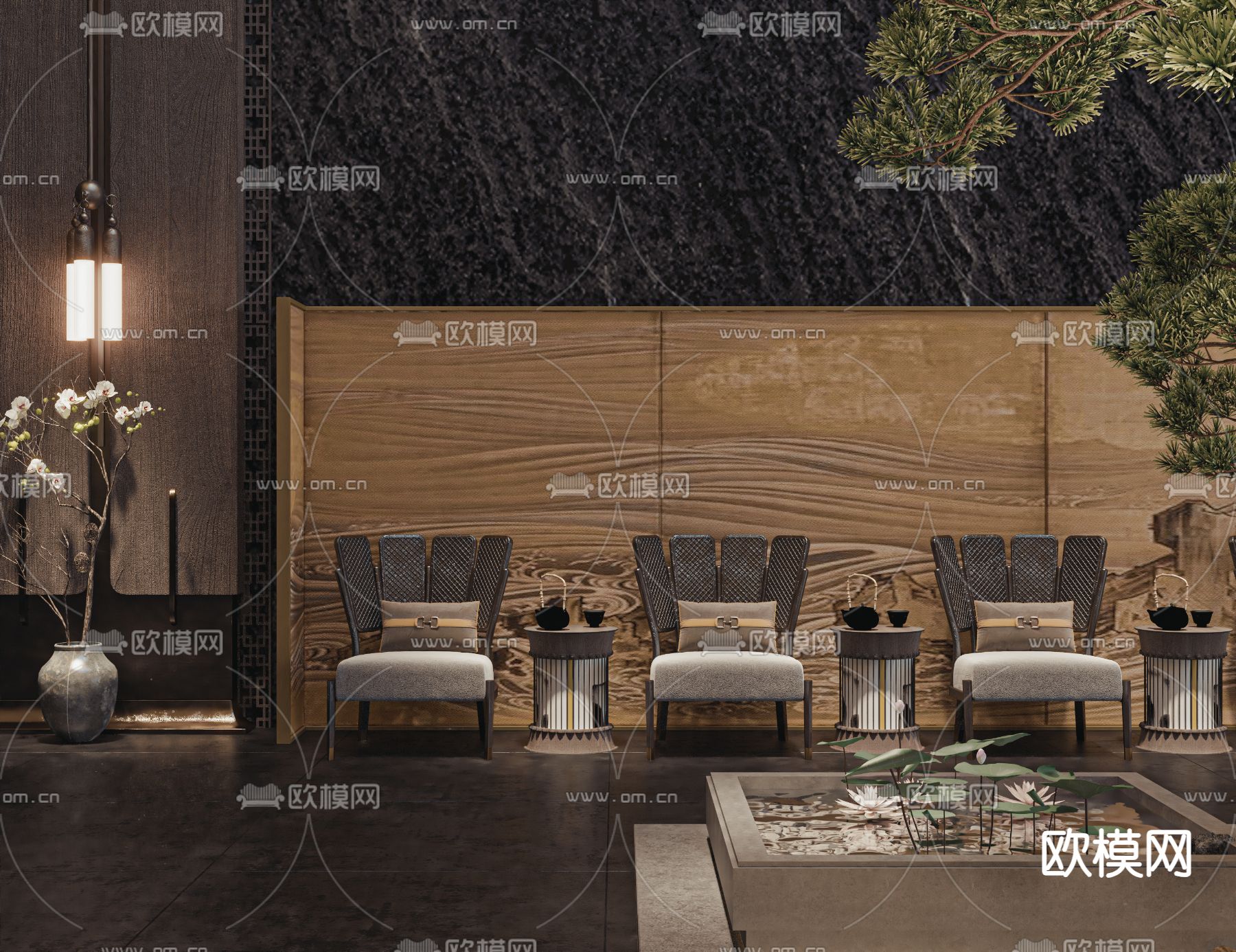 新中式售楼处 洽谈区3d模型下载（渲染图2）