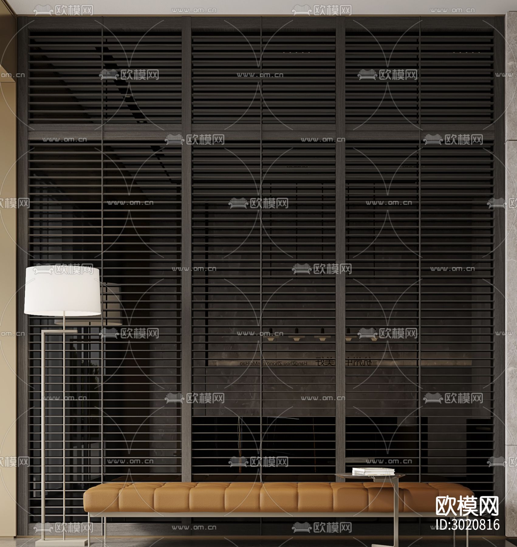 玻璃木百叶屏风隔断cad大样图下载（渲染图3）