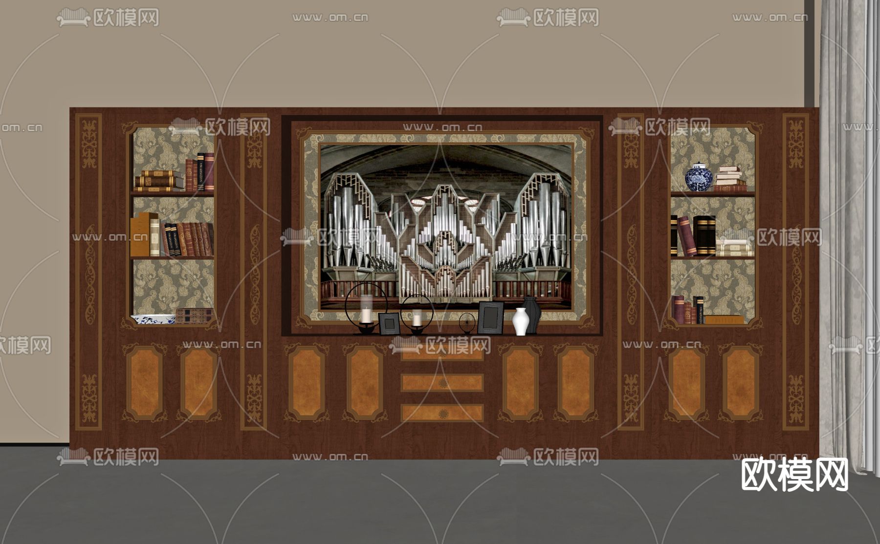 美式书柜su模型下载（渲染图1）