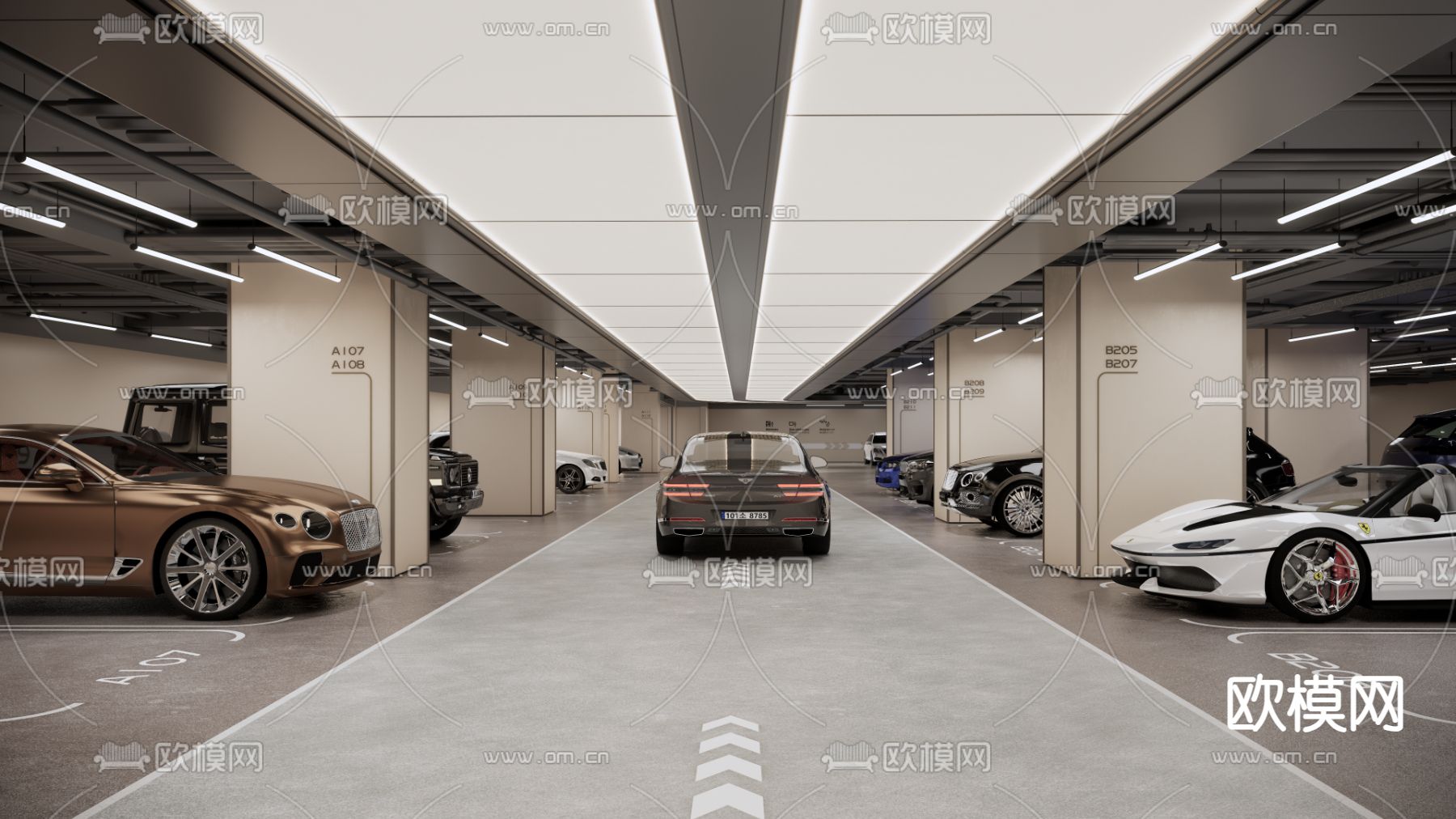 现代停车场 地下车库su模型下载（渲染图1）