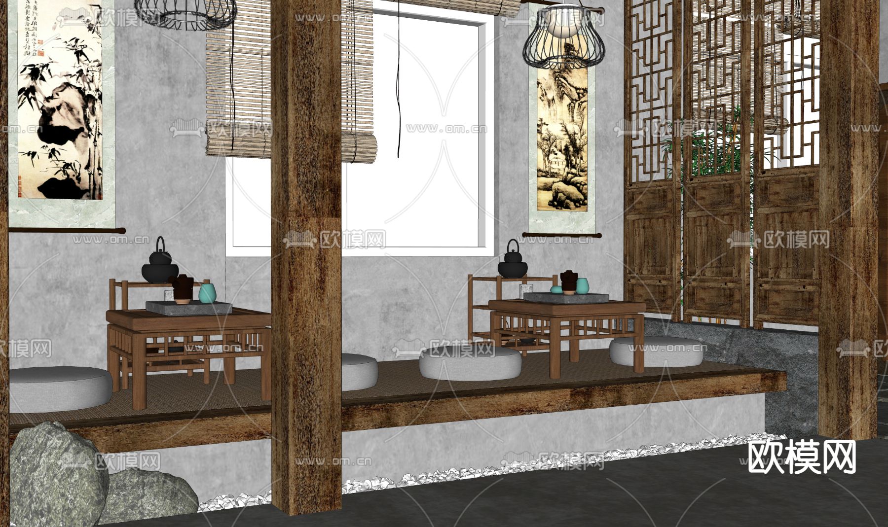 素食茶馆 榻榻米茶室 茶楼su模型下载（渲染图2）