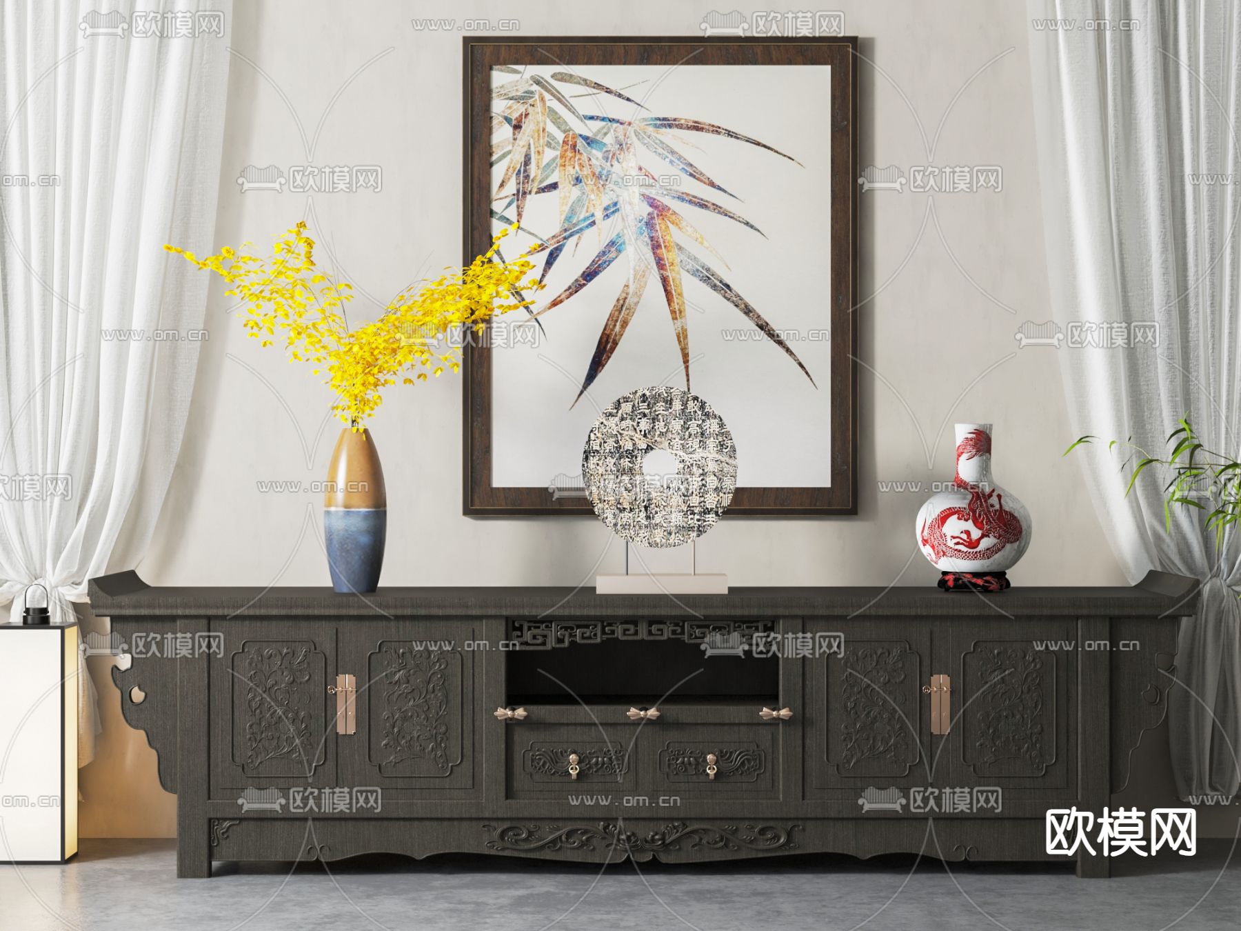 中式电视柜su模型下载（渲染图1）