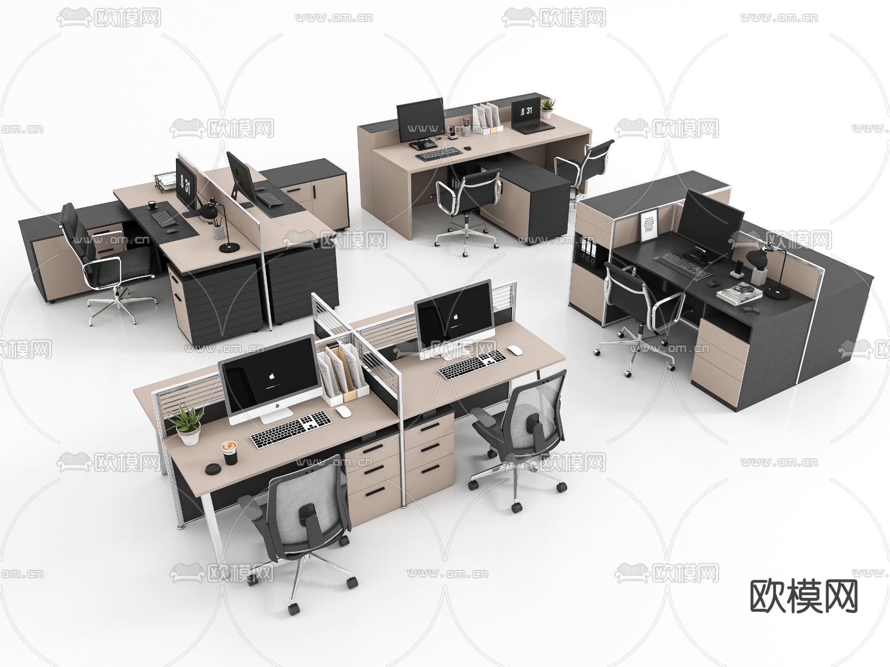 卡位办公桌椅 班台桌su模型下载（渲染图1）