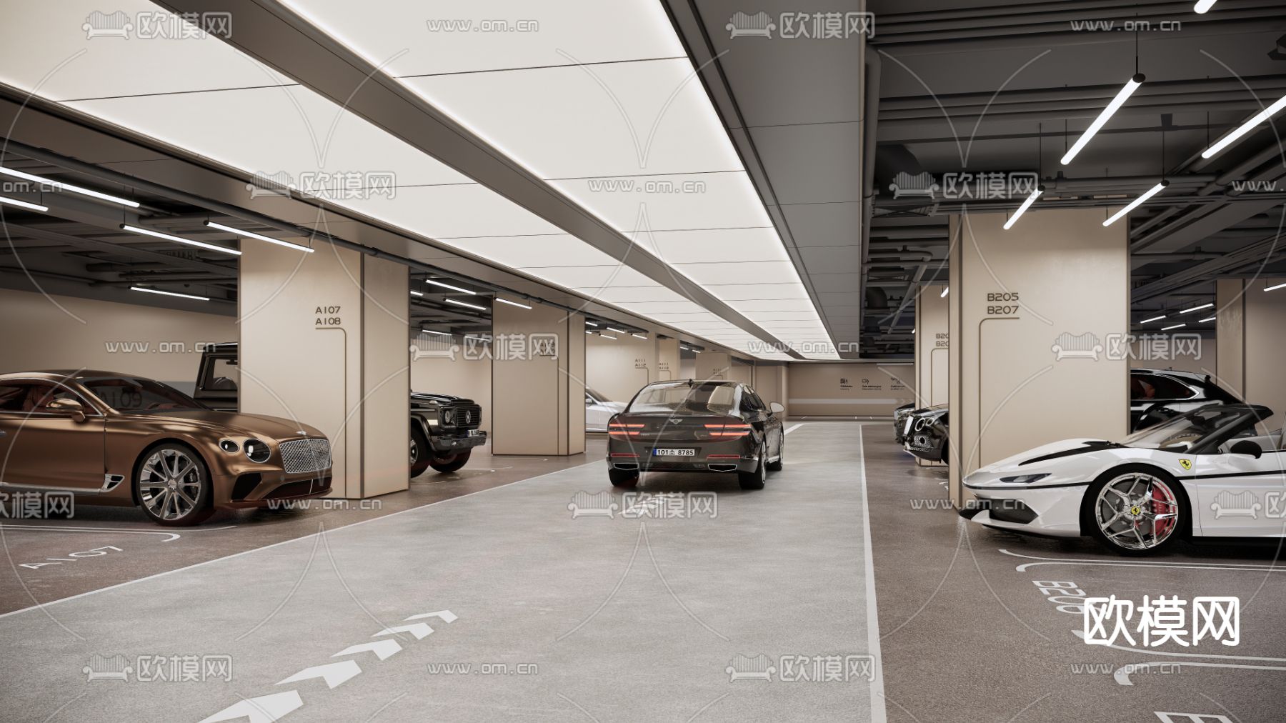 现代停车场 地下车库su模型下载（渲染图2）