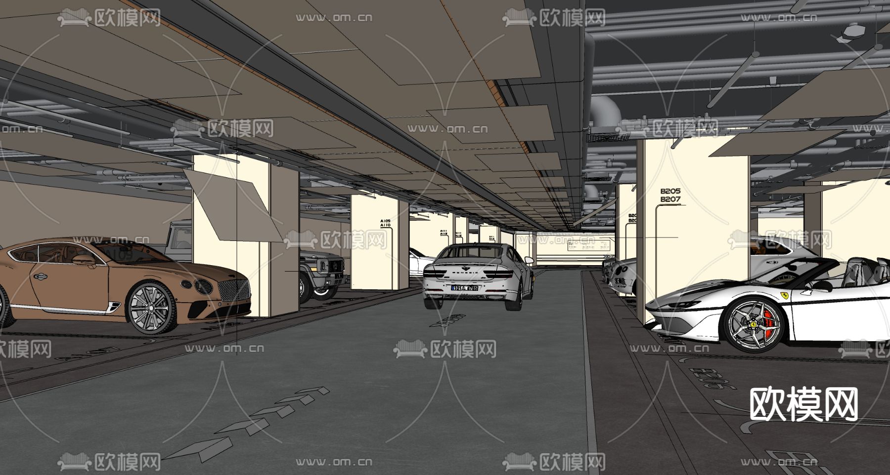 现代停车场 地下车库su模型下载（渲染图5）