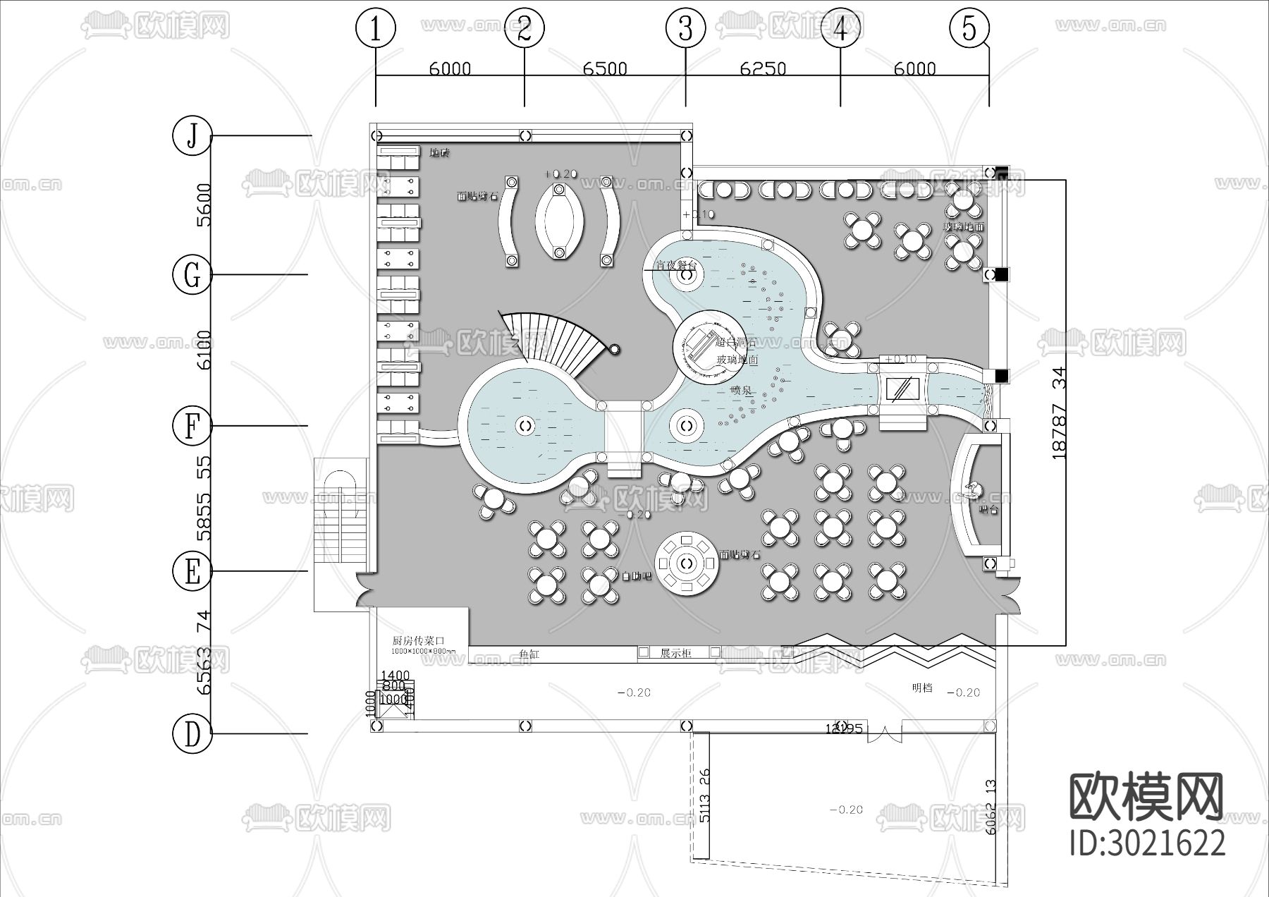 500㎡高档自助餐厅cad平面图下载