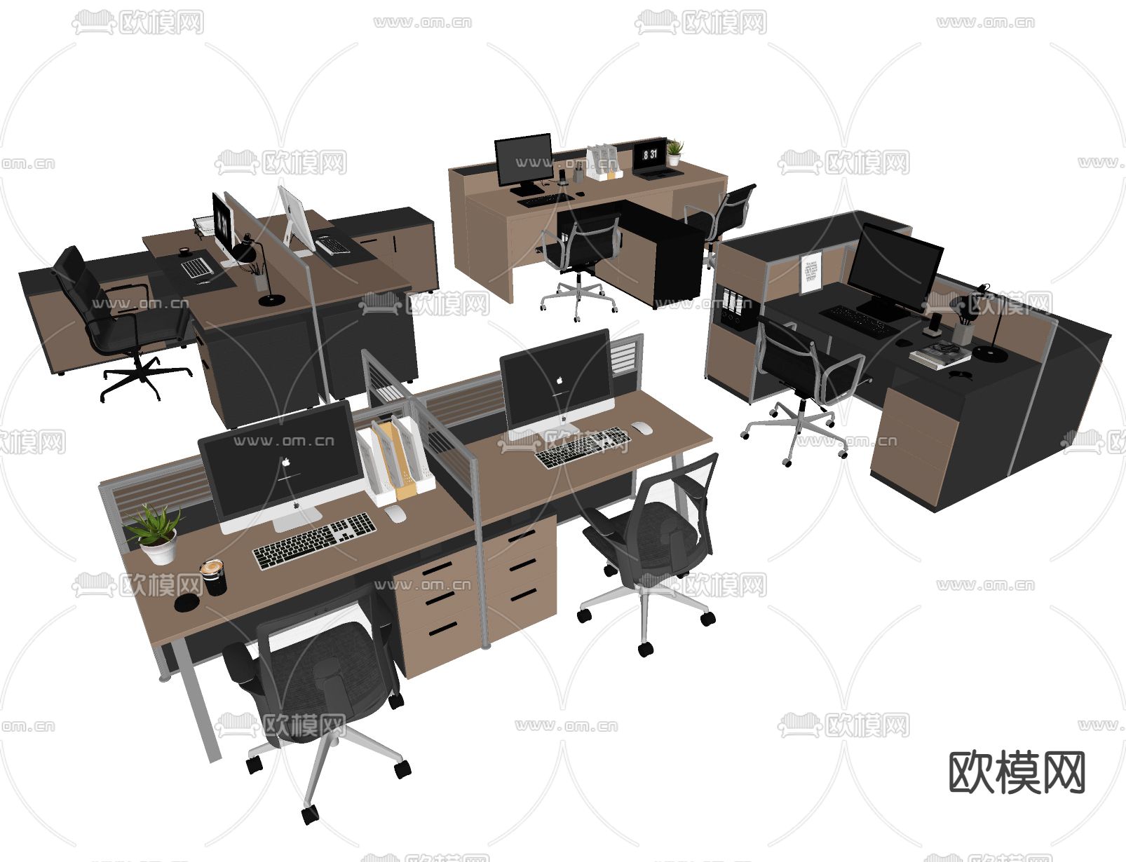 卡位办公桌椅 班台桌su模型下载（渲染图2）