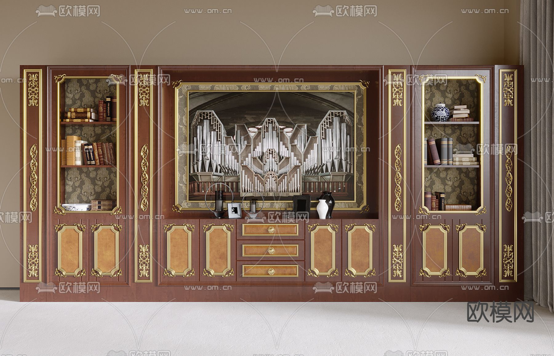 美式书柜su模型下载（渲染图2）