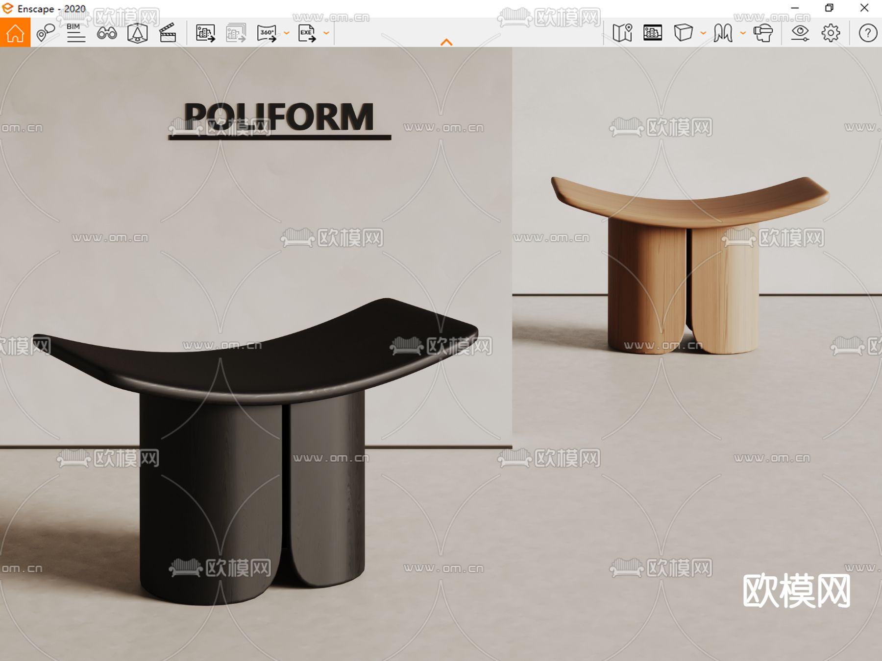 poliform侘寂风凳子 木凳su模型下载（渲染图2）