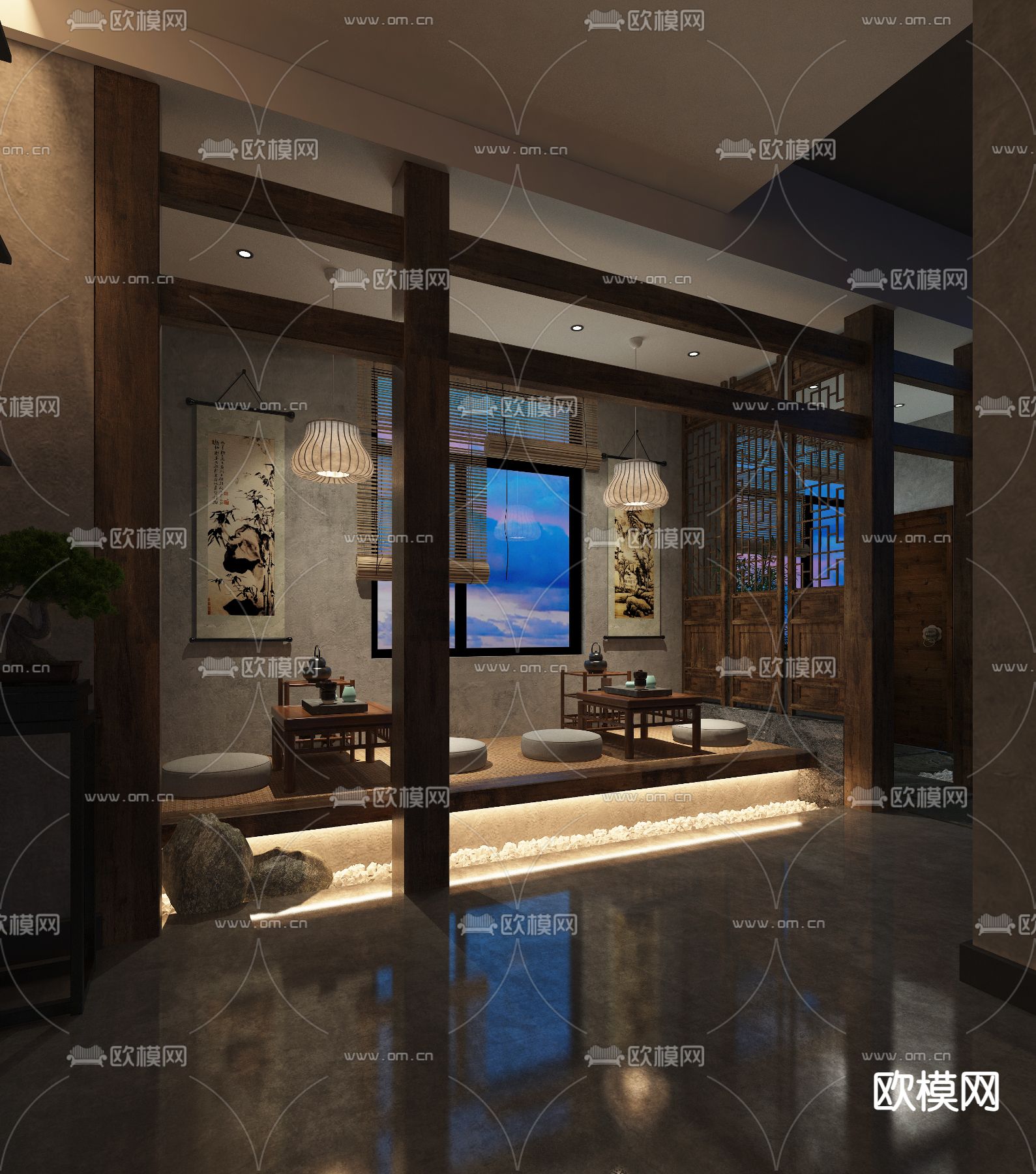 素食茶馆 榻榻米茶室 茶楼su模型下载（渲染图1）