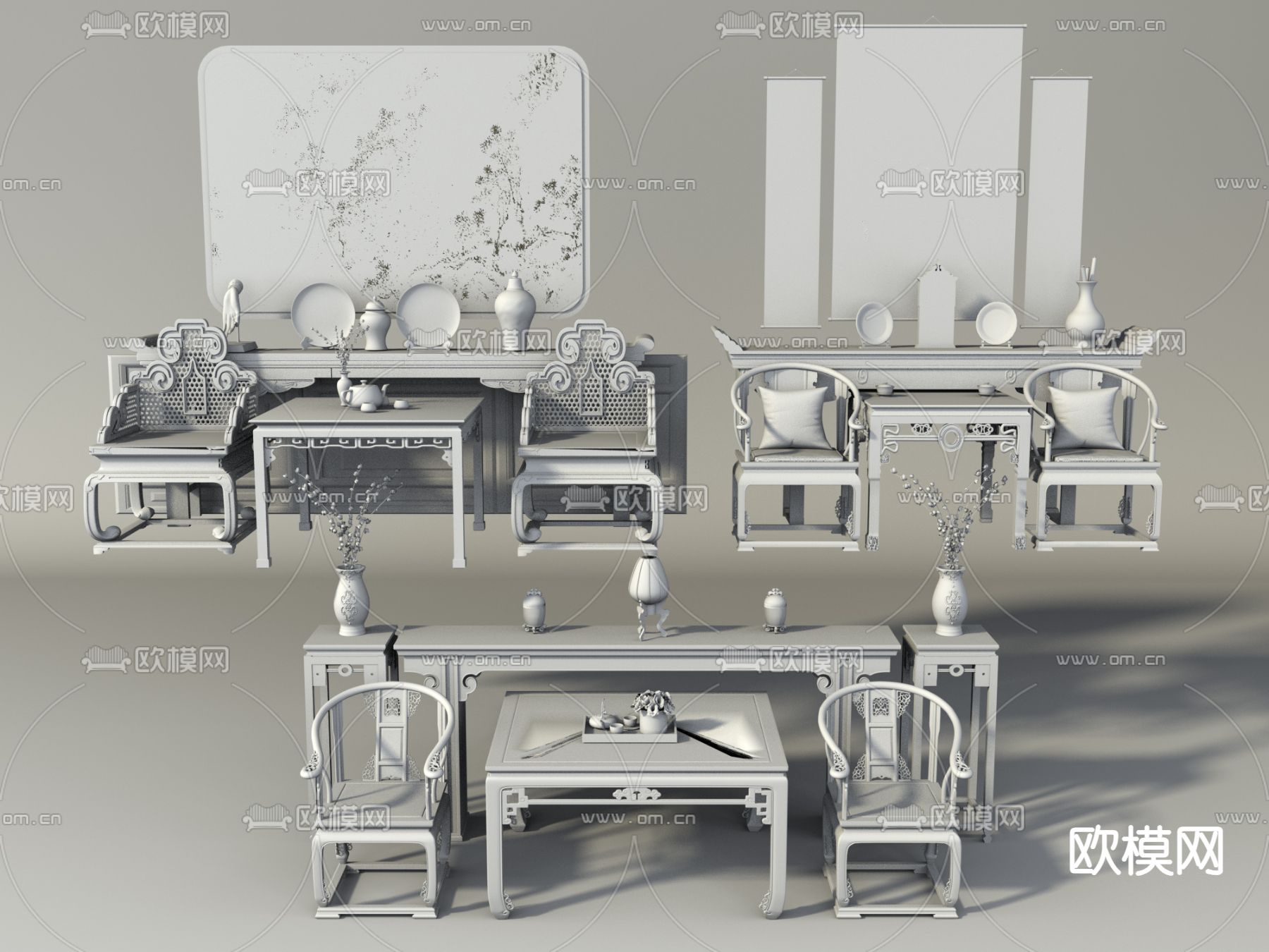 中堂桌椅 太师椅 条案3d模型下载（渲染图2）