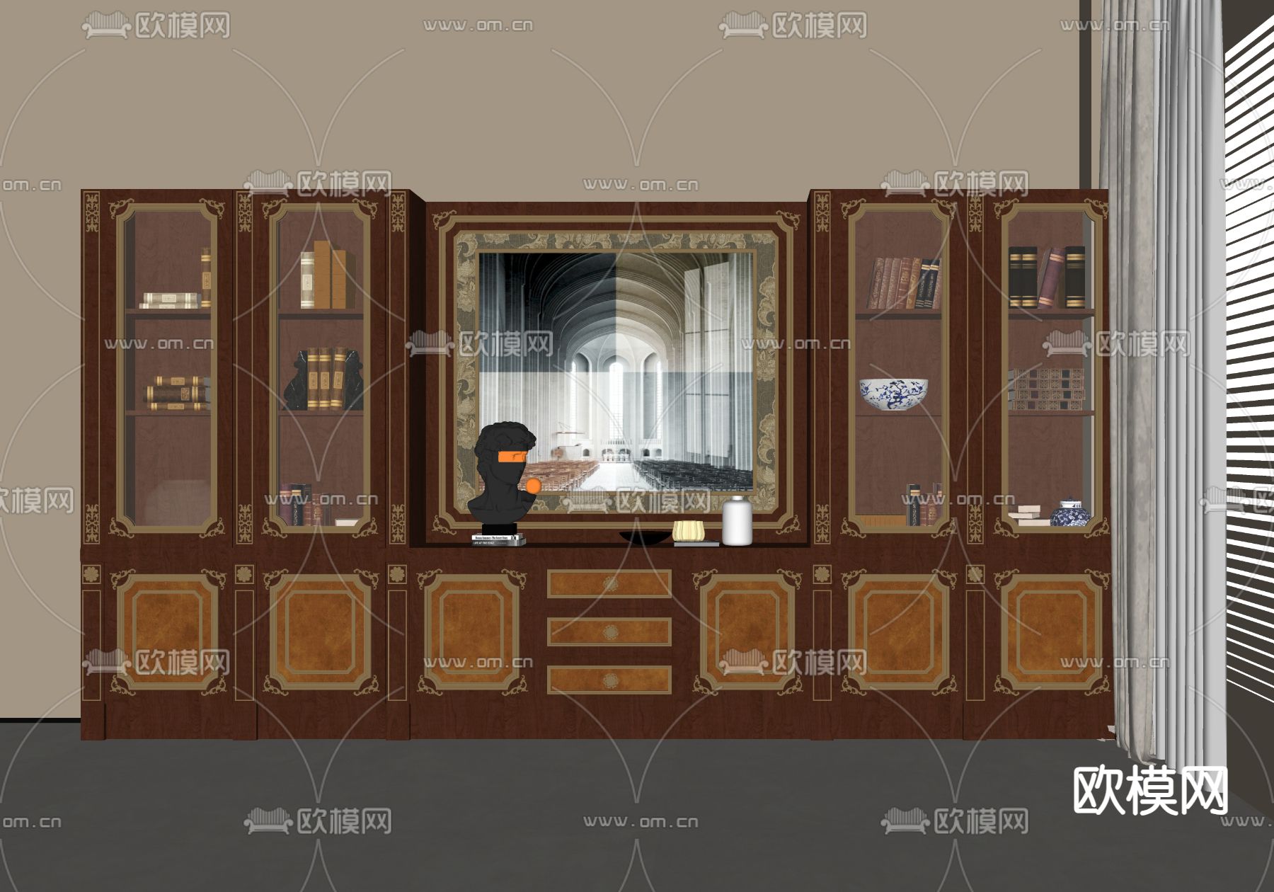 美式书柜 酒柜su模型下载（渲染图1）