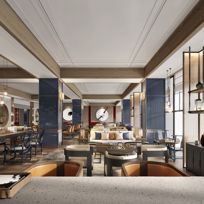  新中式酒店休息区 大堂吧su模型 