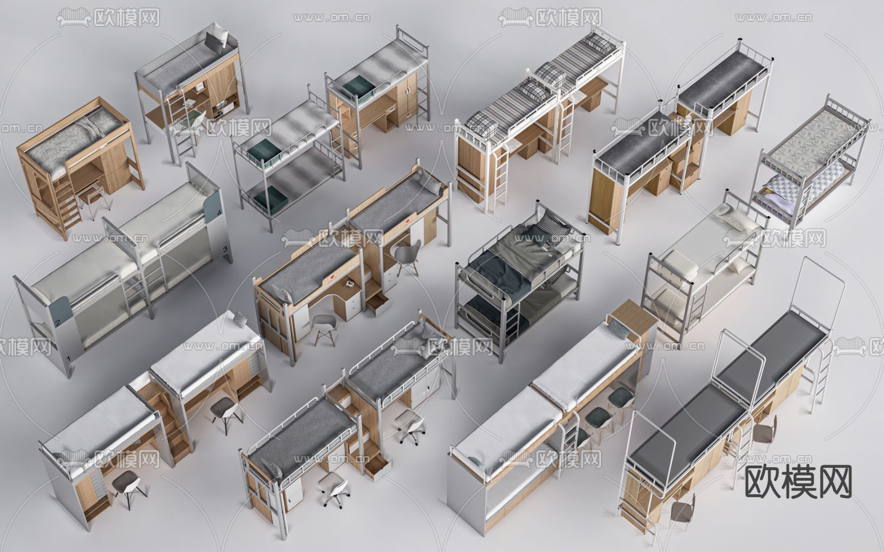 宿舍高低床 宿舍上下床su模型下载（渲染图2）