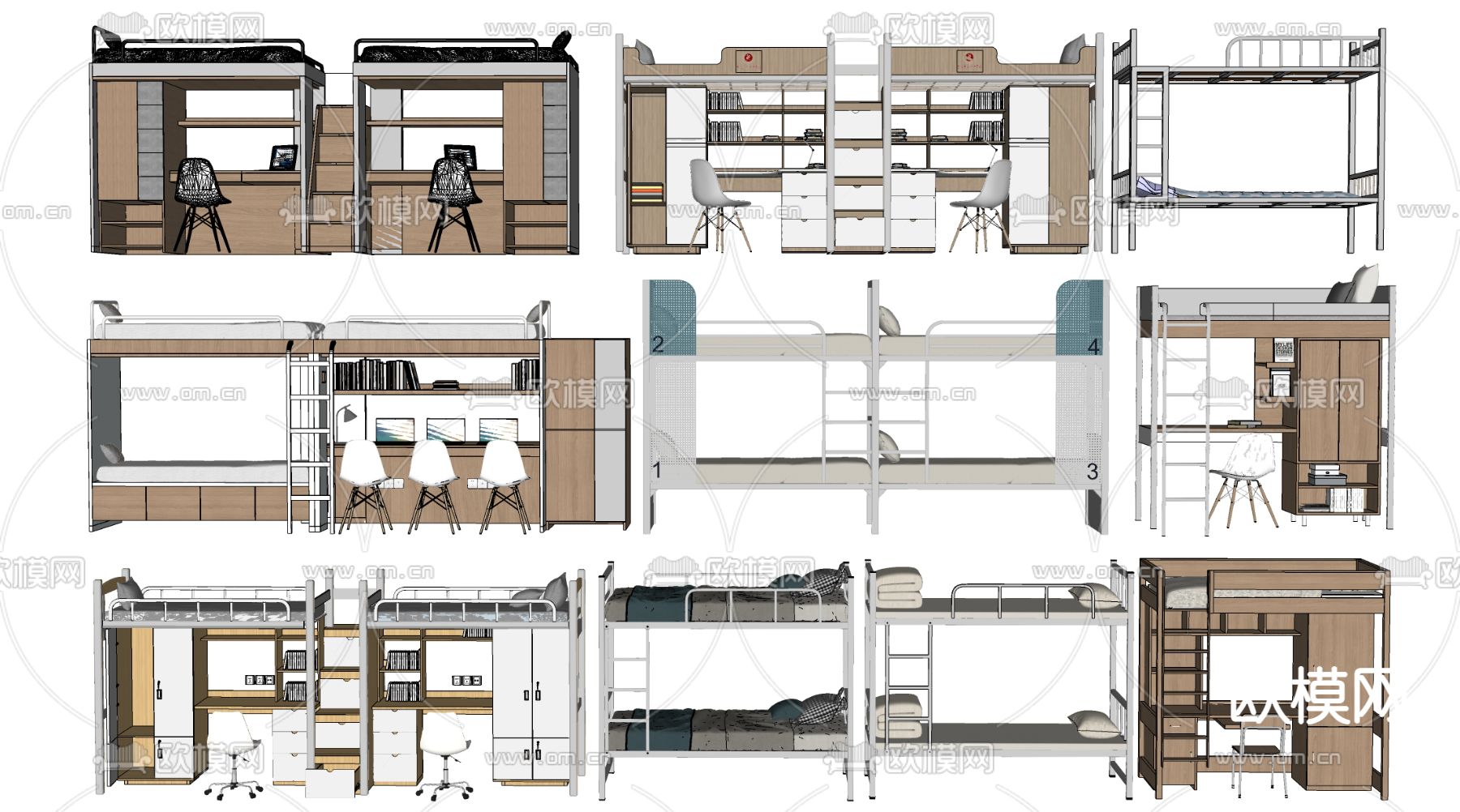宿舍高低床 宿舍上下床su模型下载（渲染图1）
