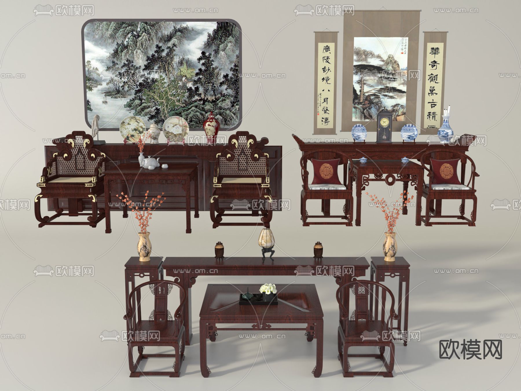 中堂桌椅 太师椅 条案3d模型下载（渲染图1）