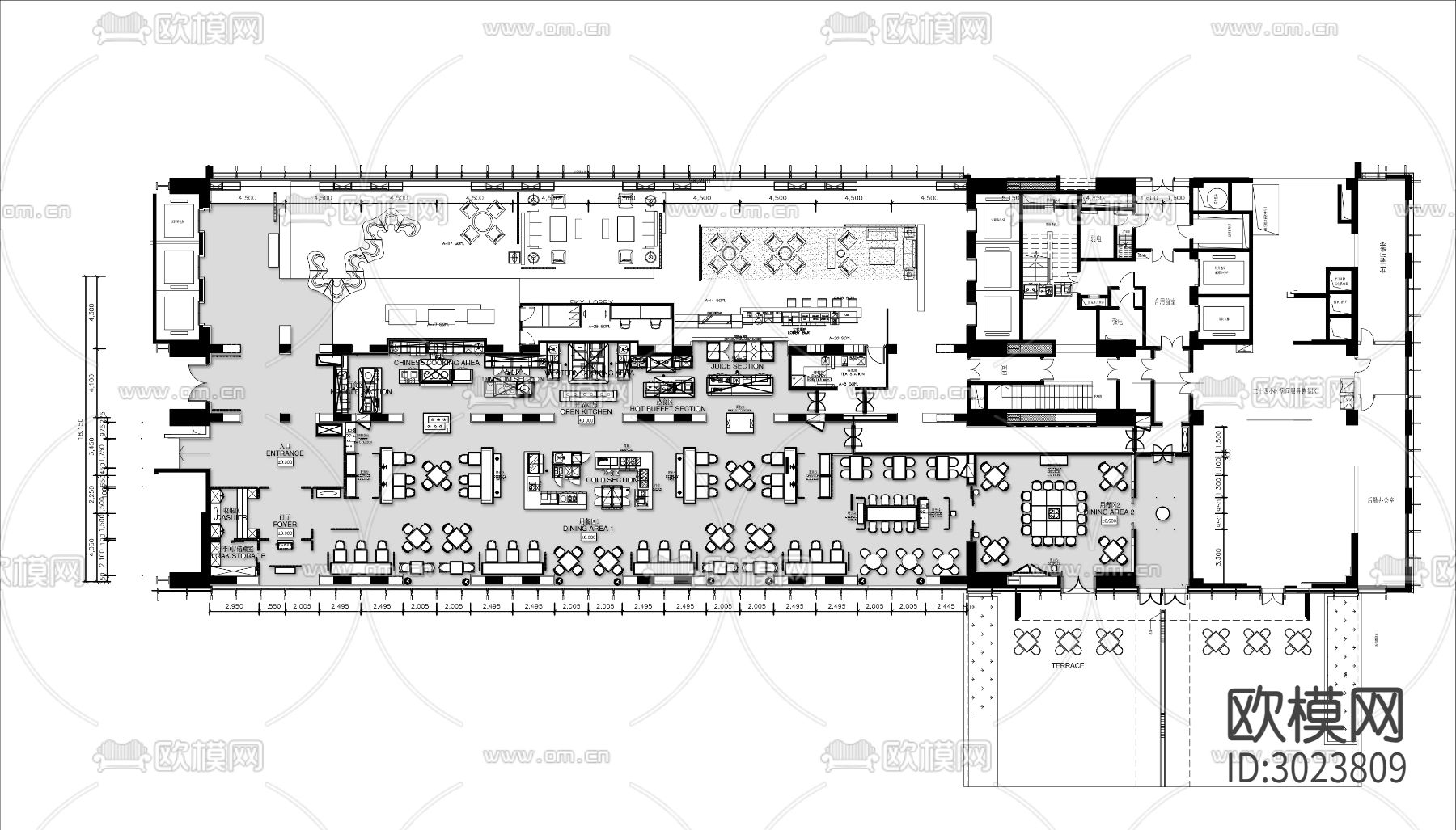 1000㎡酒店全日餐厅cad平面图下载