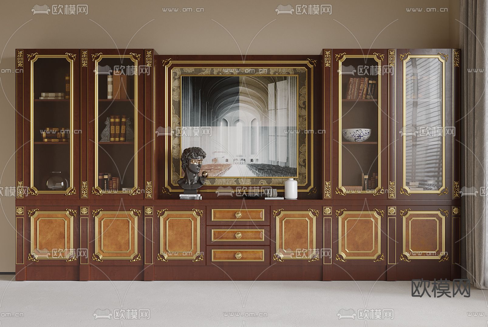 美式书柜 酒柜su模型下载（渲染图2）