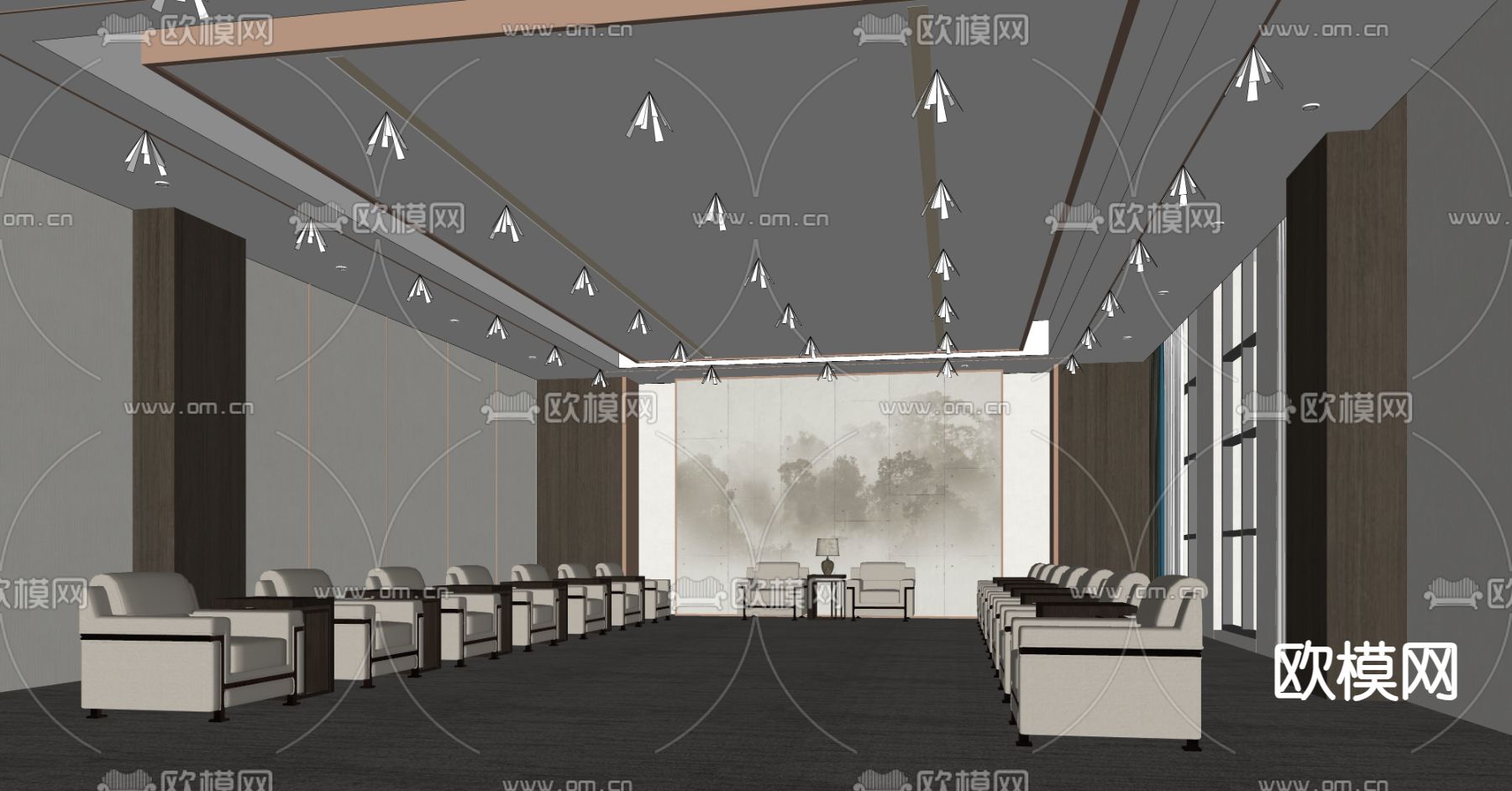 新中式会客厅 接待室su模型下载（渲染图1）