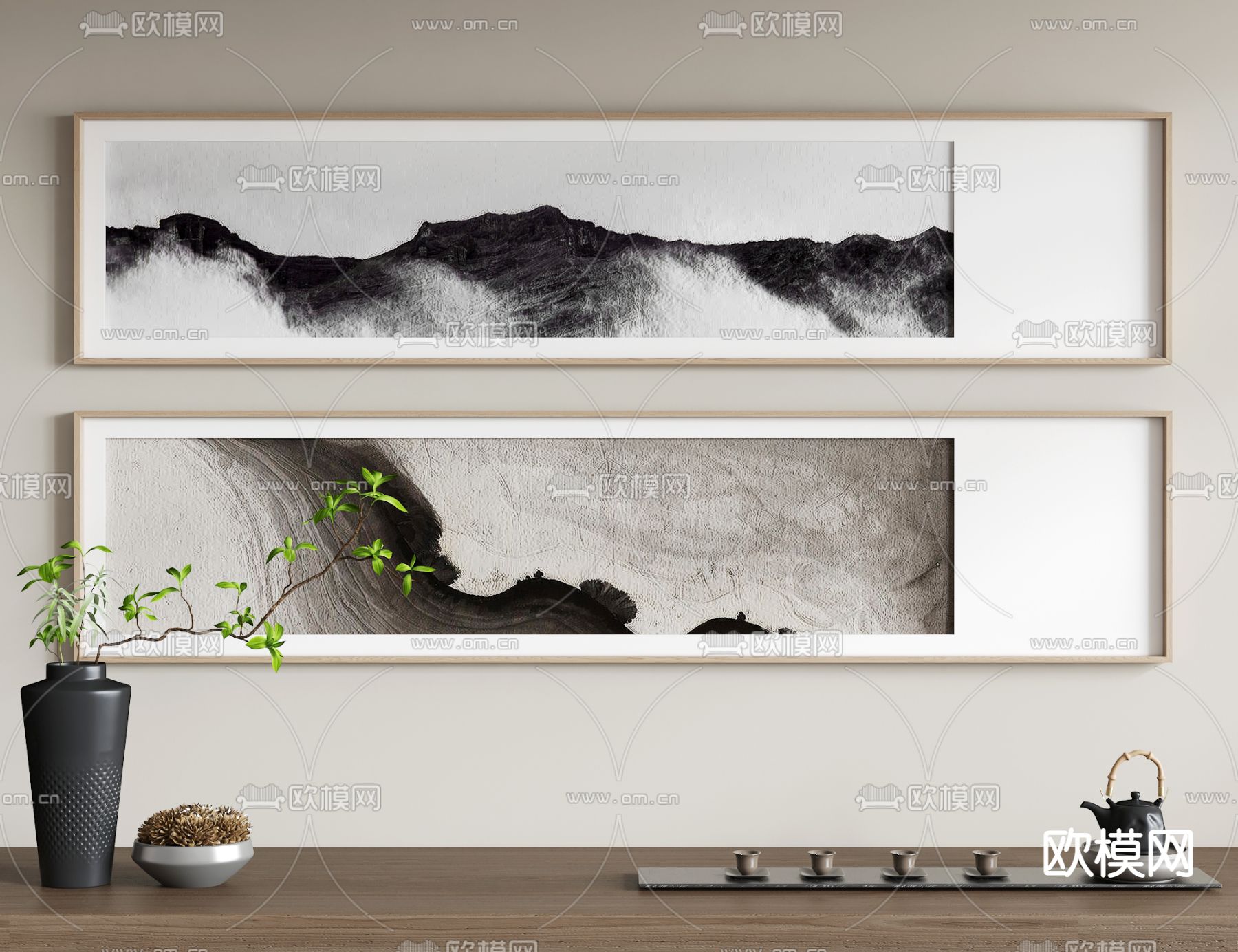 新中式挂画 横幅画 抽象画3d模型下载