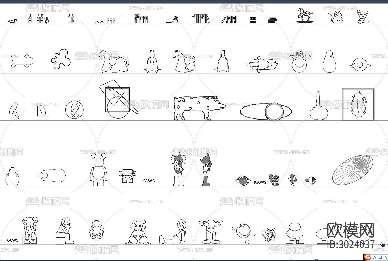潮玩KAWS饰品 书籍 酒瓶cad图库下载（渲染图3）