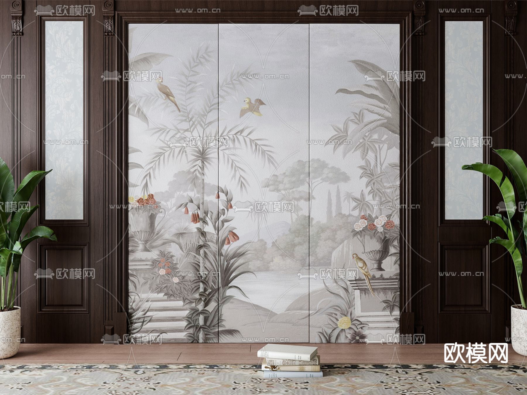 美式电视背景墙su模型下载（渲染图2）