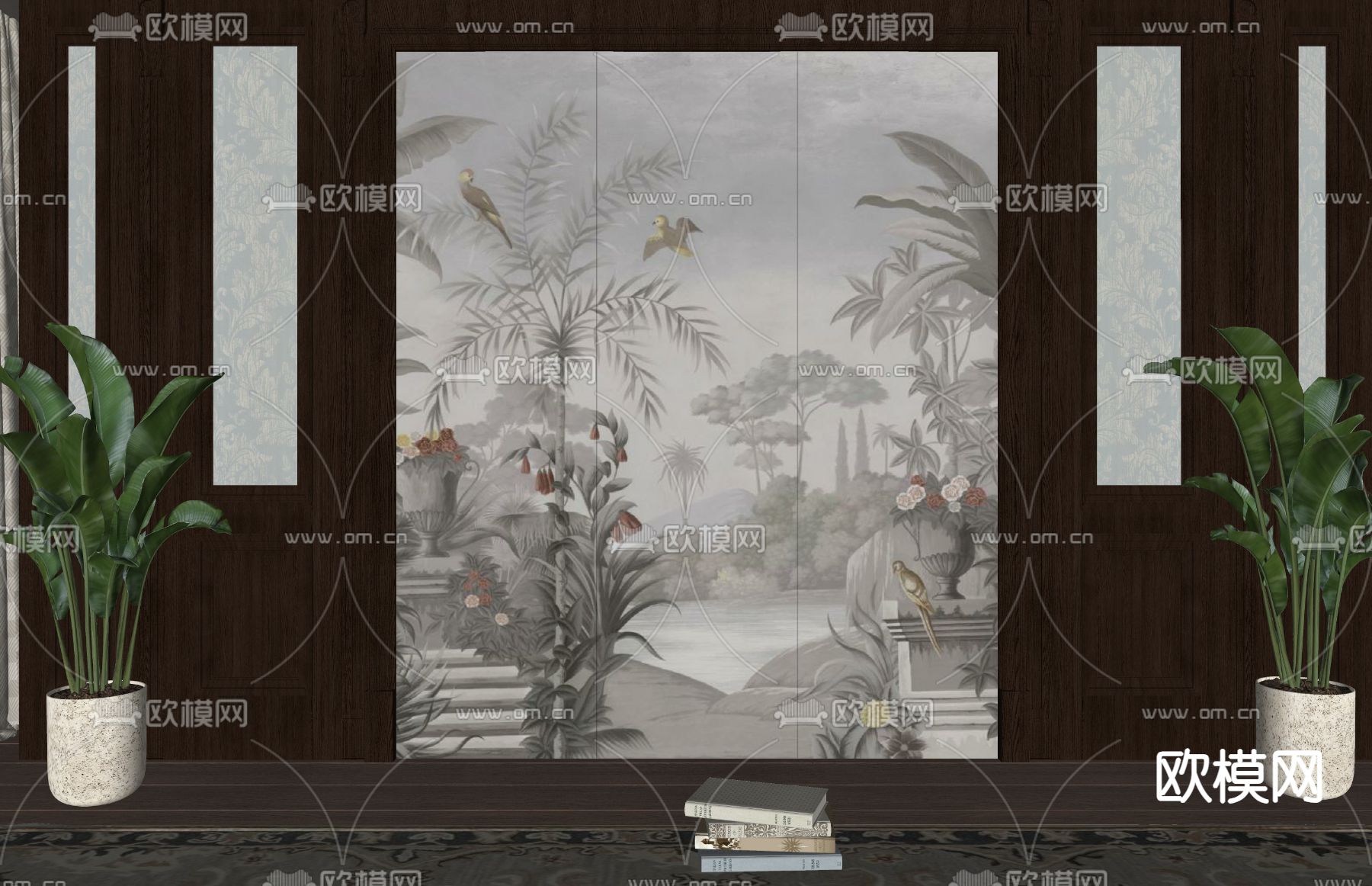 美式电视背景墙su模型下载（渲染图1）