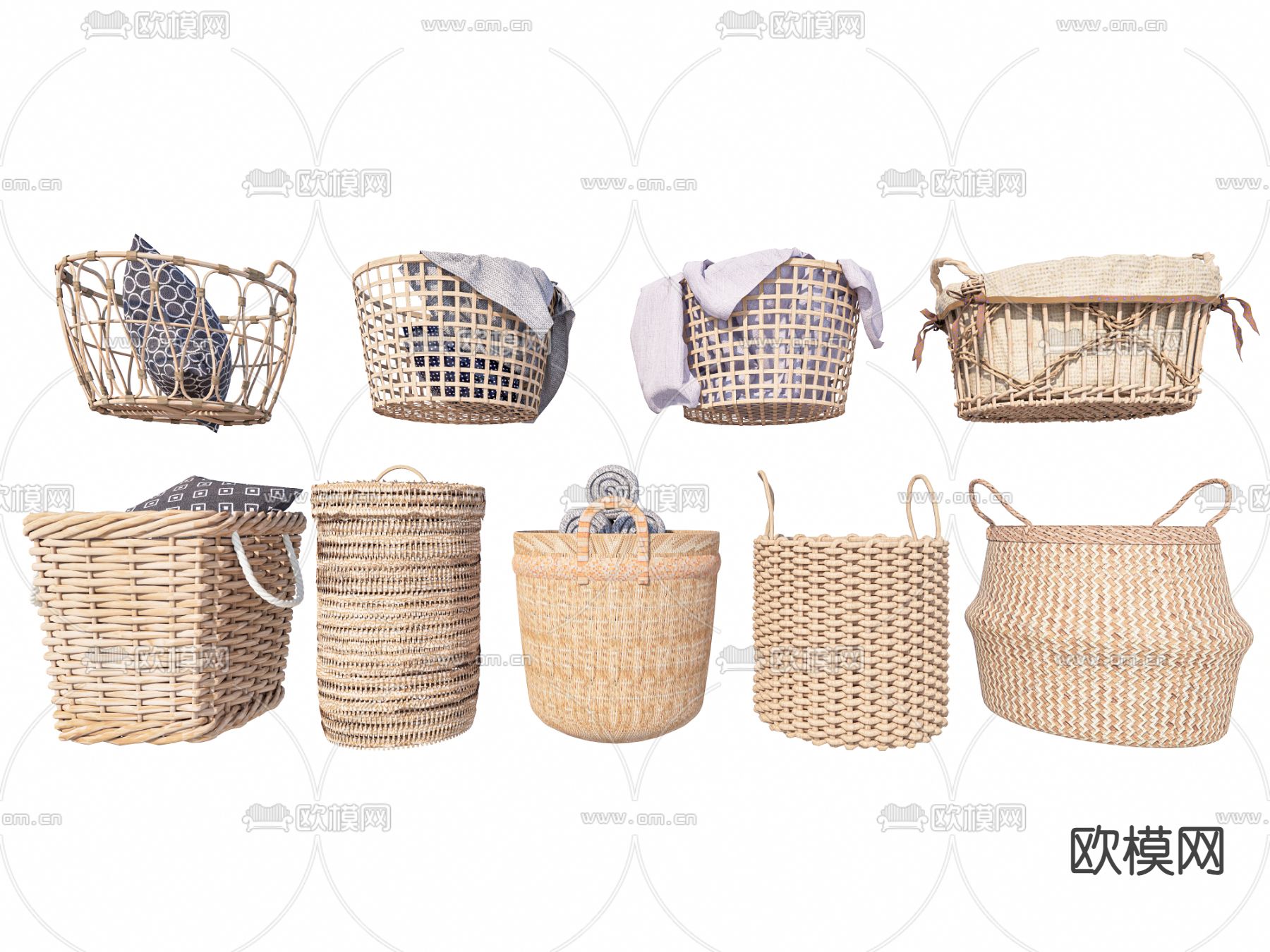 现代毛巾架 脏衣篓 收纳筐 竹筐su模型下载（渲染图1）