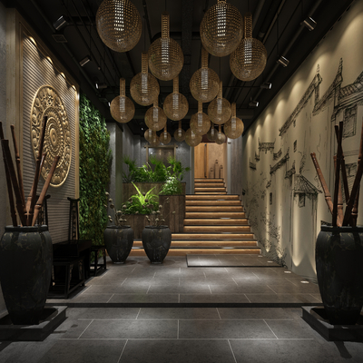  新中式酒店过道su模型 