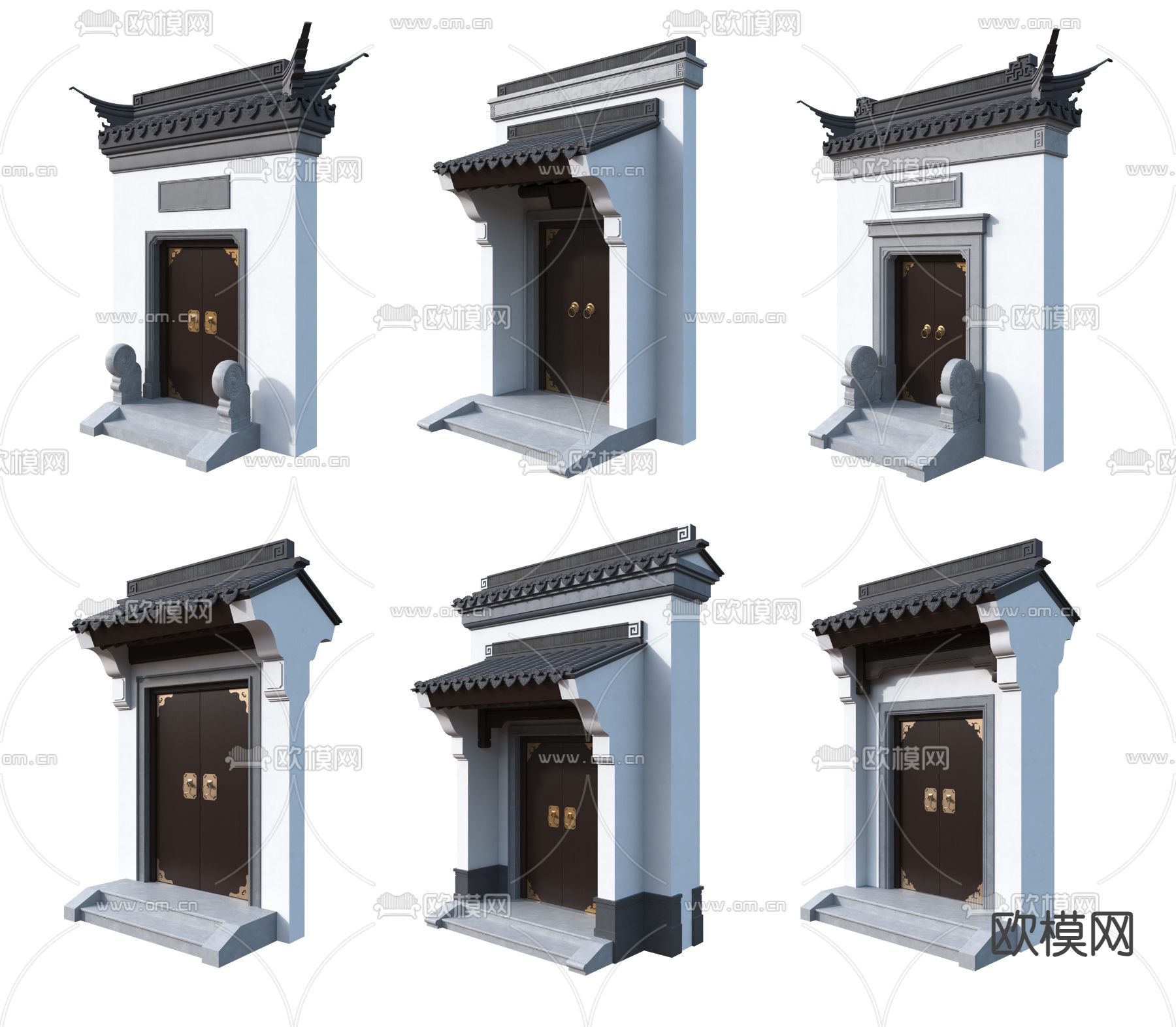 中式门头 庭院大门 徽派屋檐 围墙3d模型下载（渲染图2）