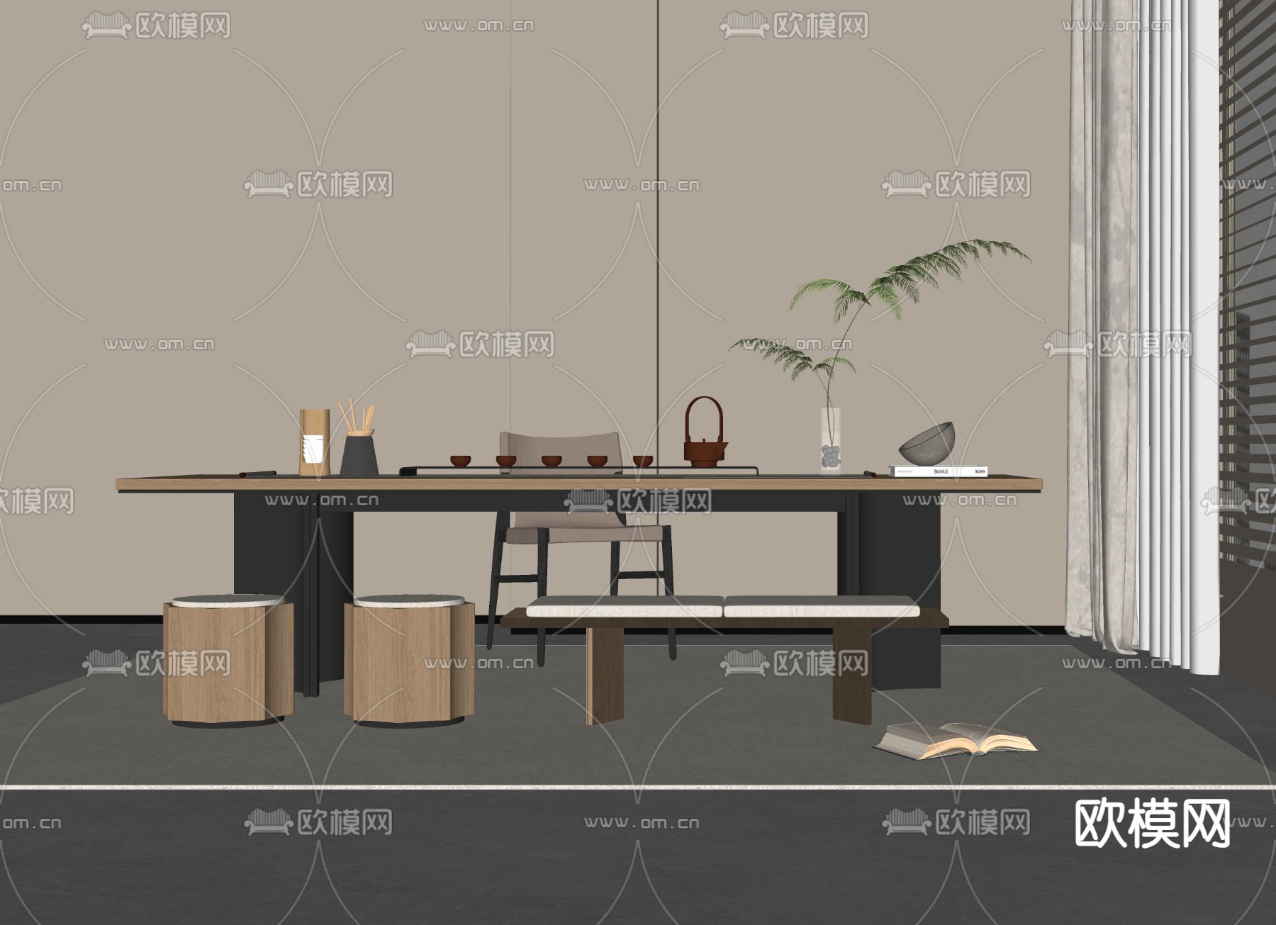 现代茶桌椅su模型下载（渲染图1）
