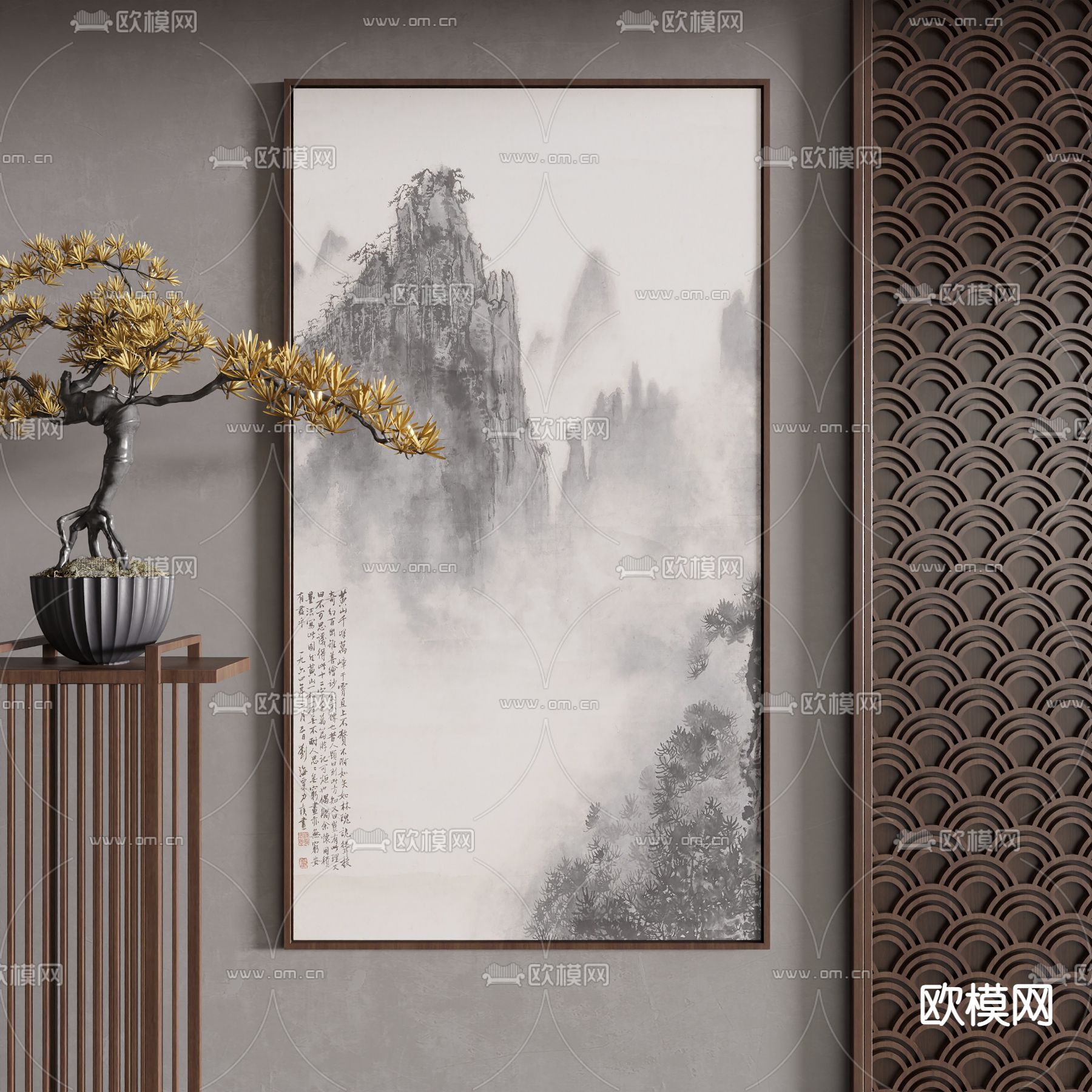 新中式山水画 字画 装饰画3d模型下载