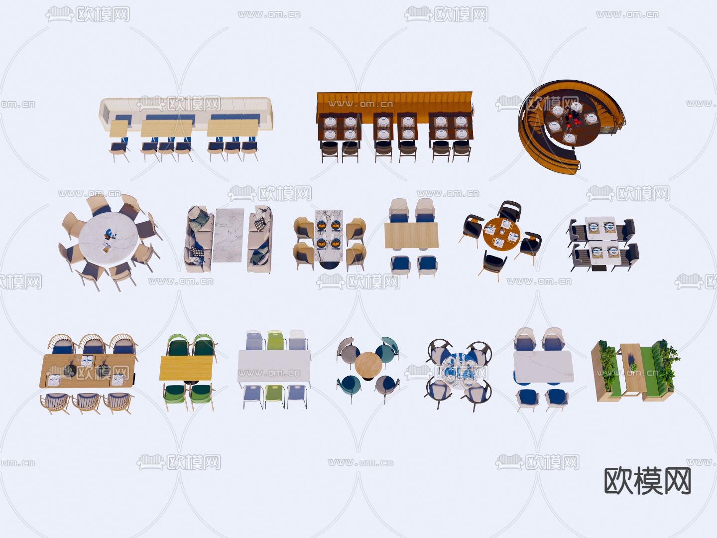 大堂卡位 卡座沙发 餐厅餐桌椅su模型下载（渲染图1）