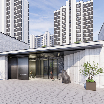 现代 小区主入口 入口门楼 闸机su模型