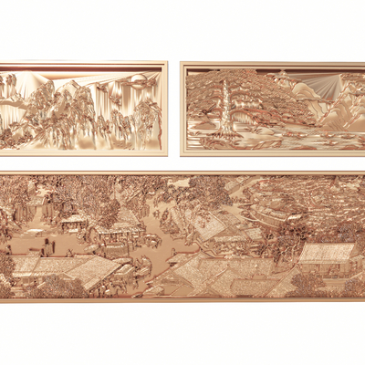  中式浮雕景墙 照壁墙su模型 