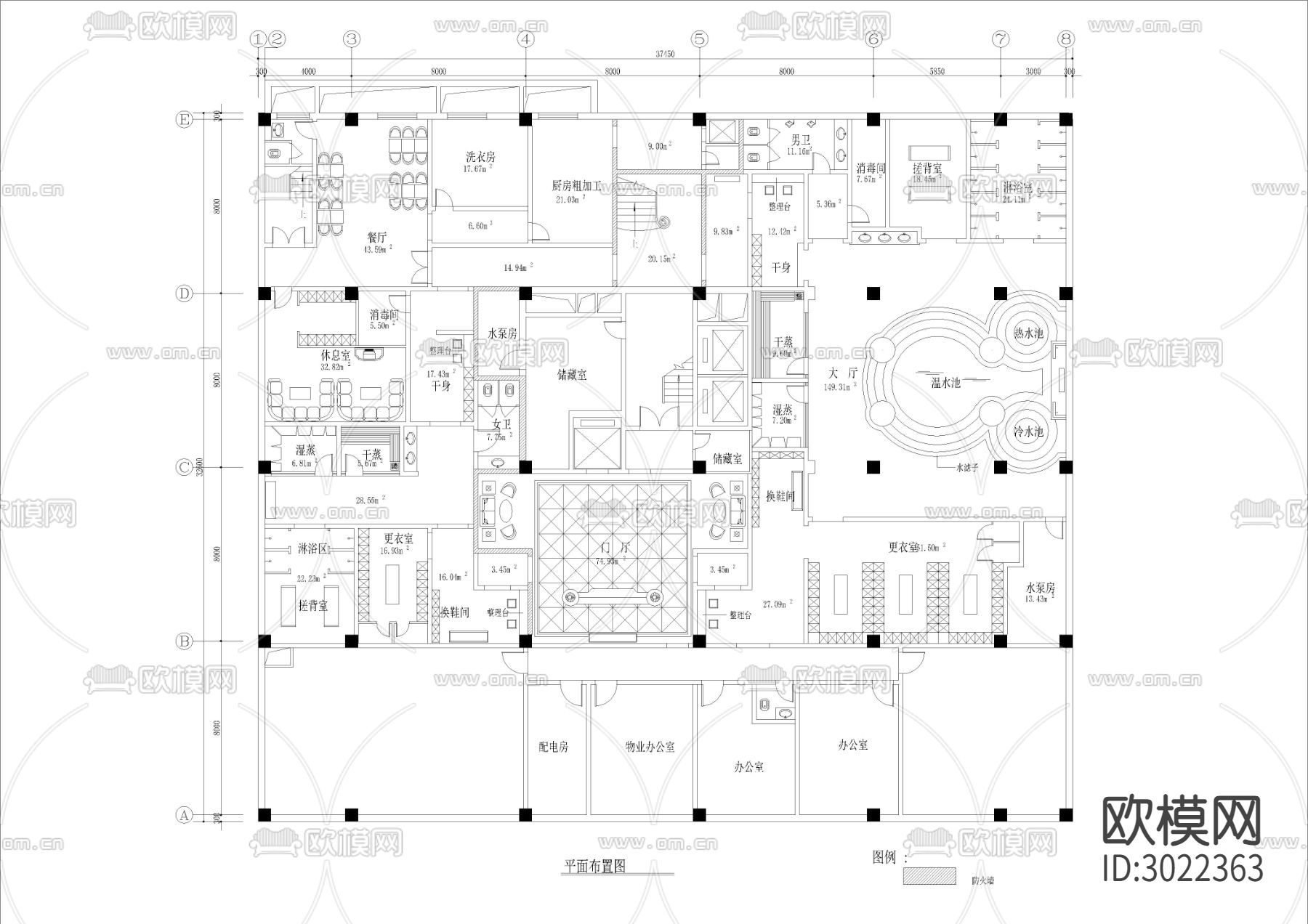 1240㎡ 汤泉 洗浴 水疗 休闲会所cad施工图下载（渲染图1）