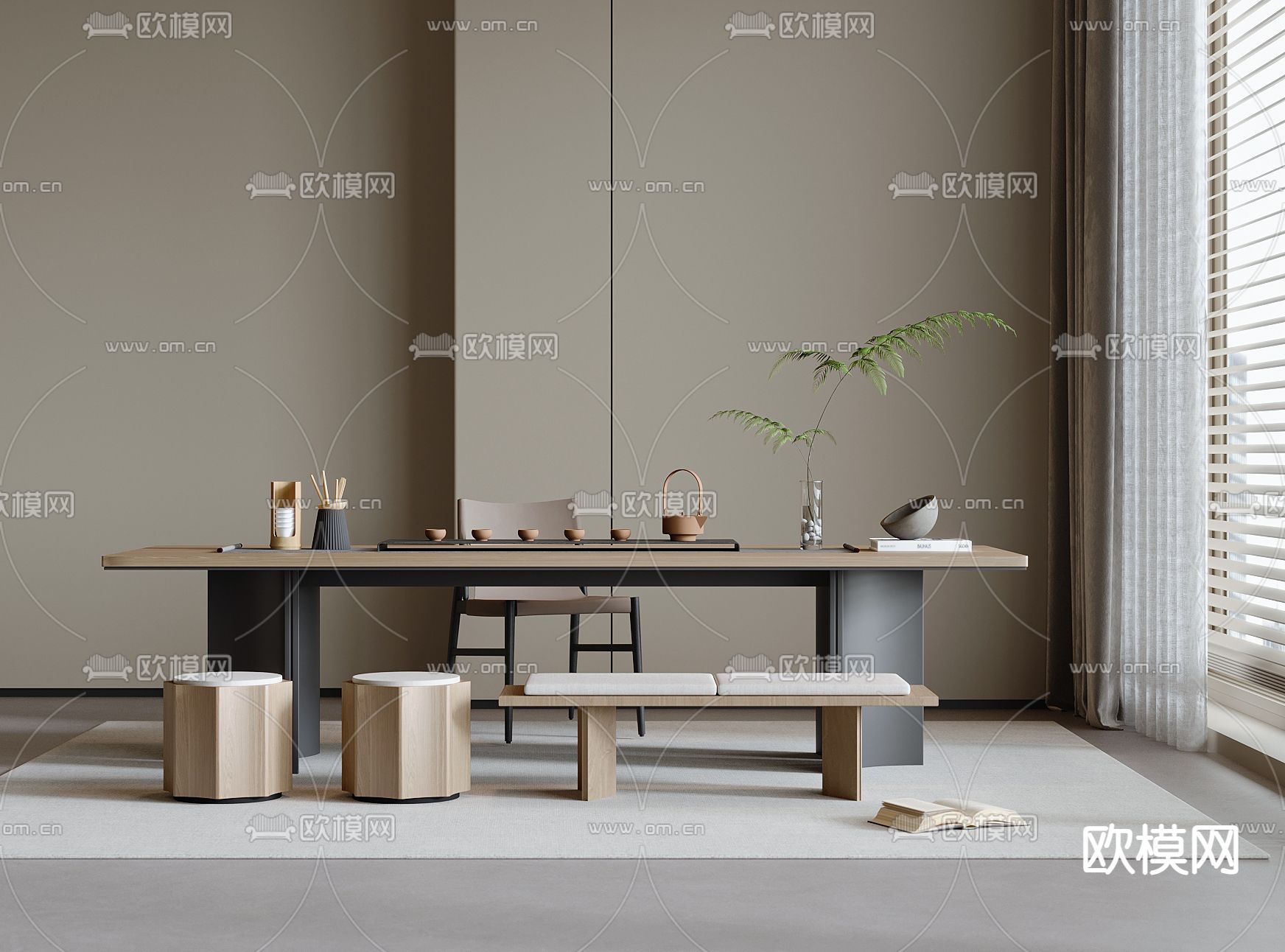 现代茶桌椅su模型下载（渲染图2）