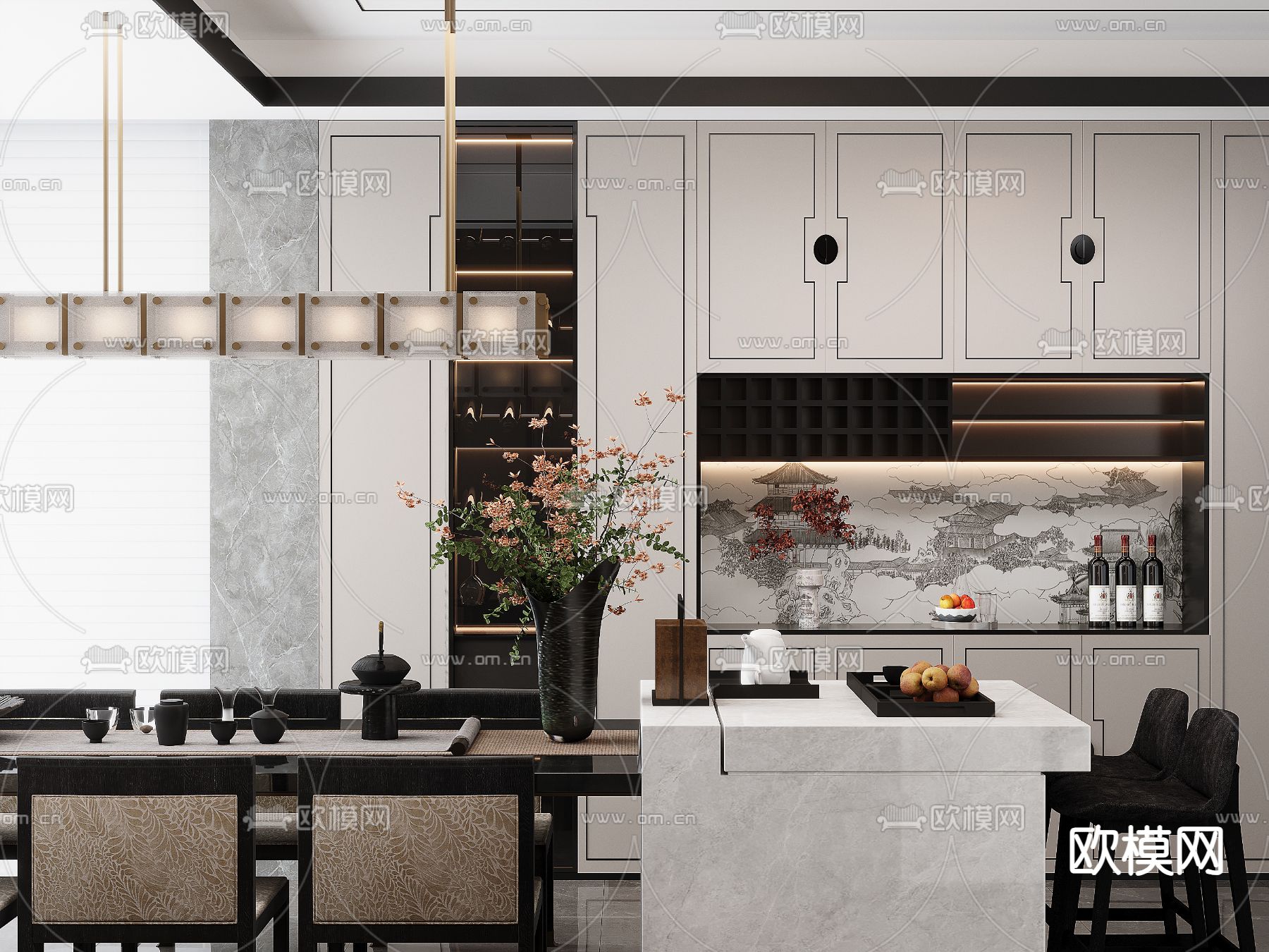 新中式餐桌椅 中岛台3d模型下载