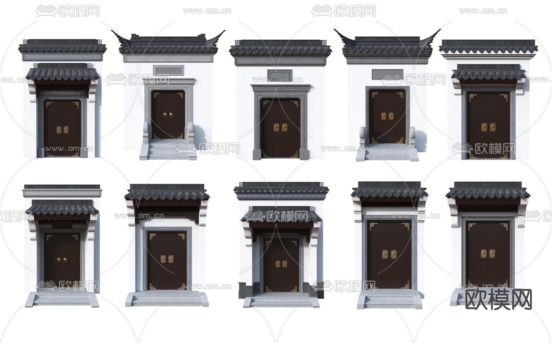 中式门头 庭院大门 徽派屋檐 围墙3d模型下载（渲染图1）