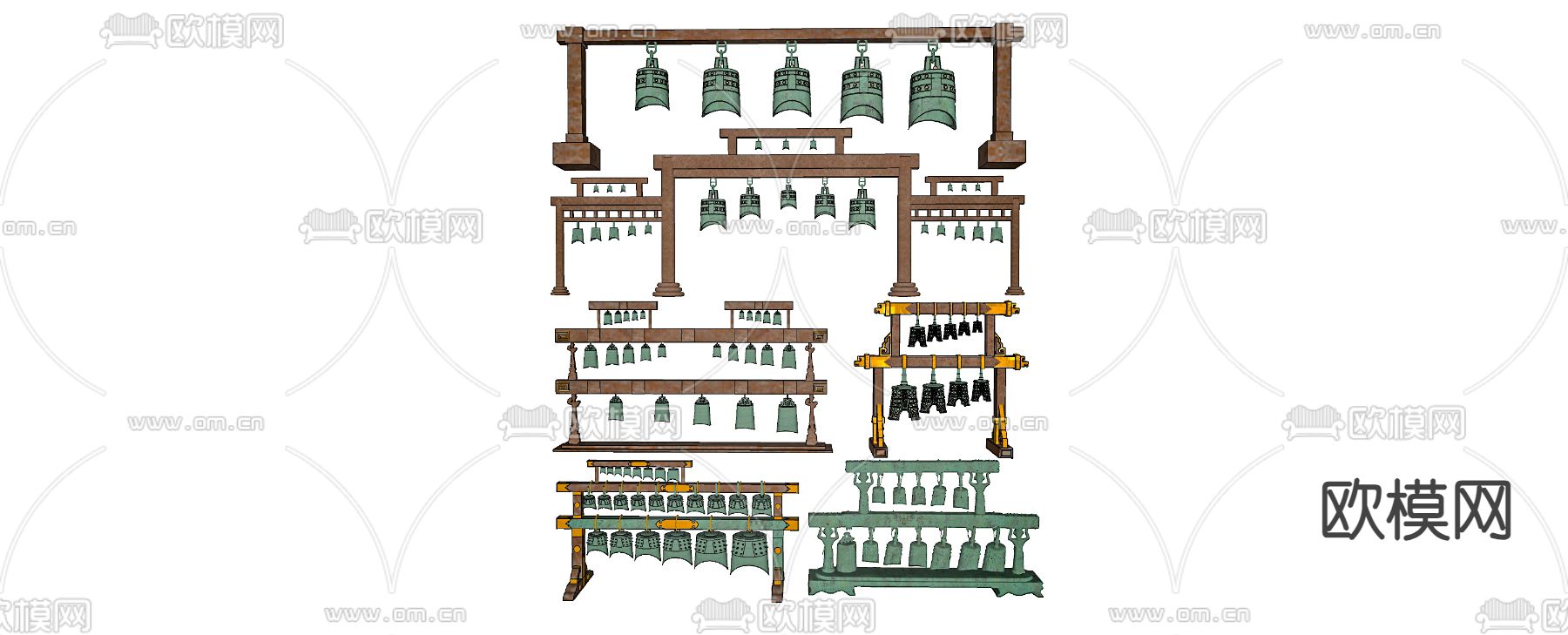 中式青铜编钟 青铜乐器su模型下载（渲染图1）